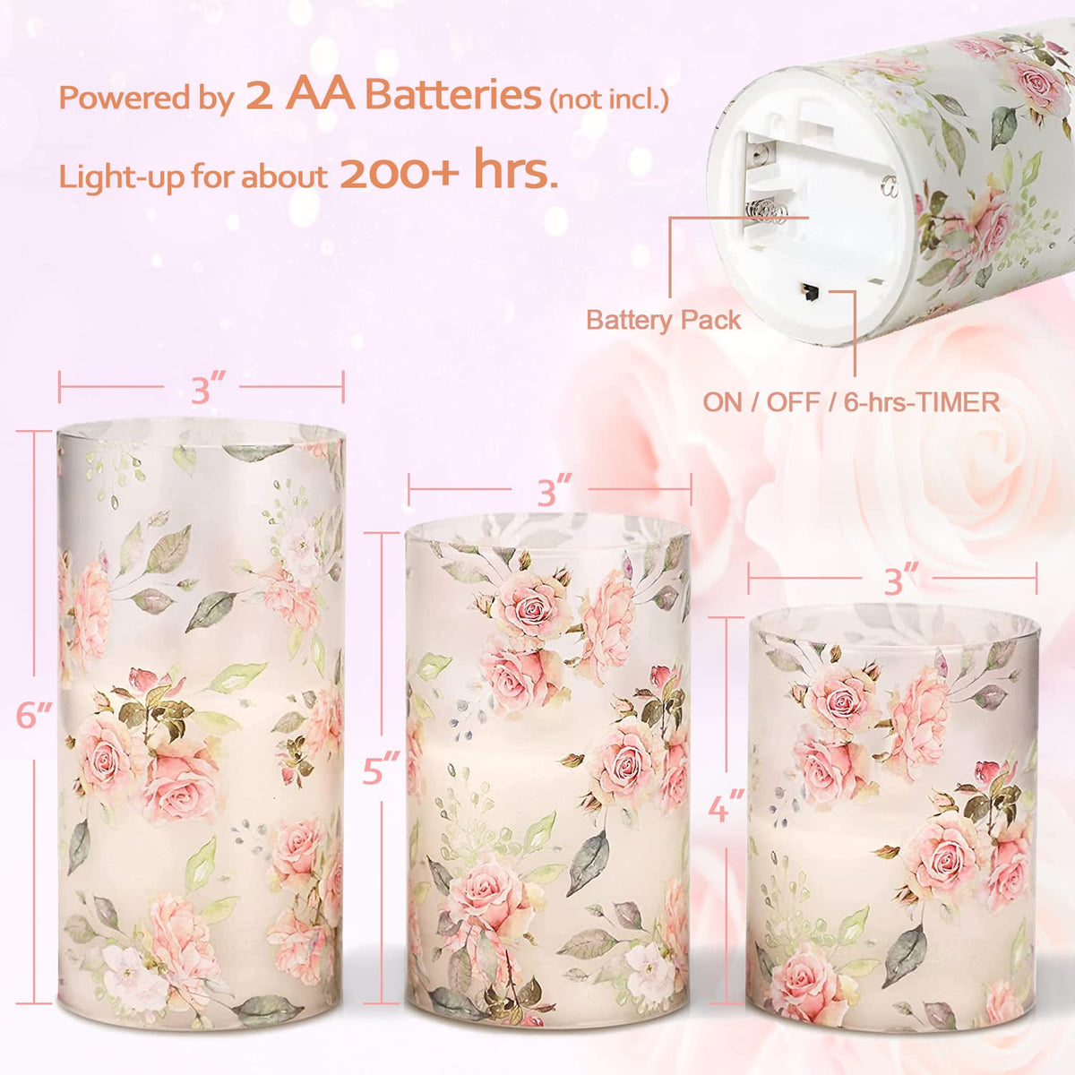 GORGE MOMENT Rose Flameless Candles Love Theme Battery Operated Glass Flickering LED Candle with Remote Pink Flower Decal Realistic Pillar Candles Bedroom Home Decor Table Ornament