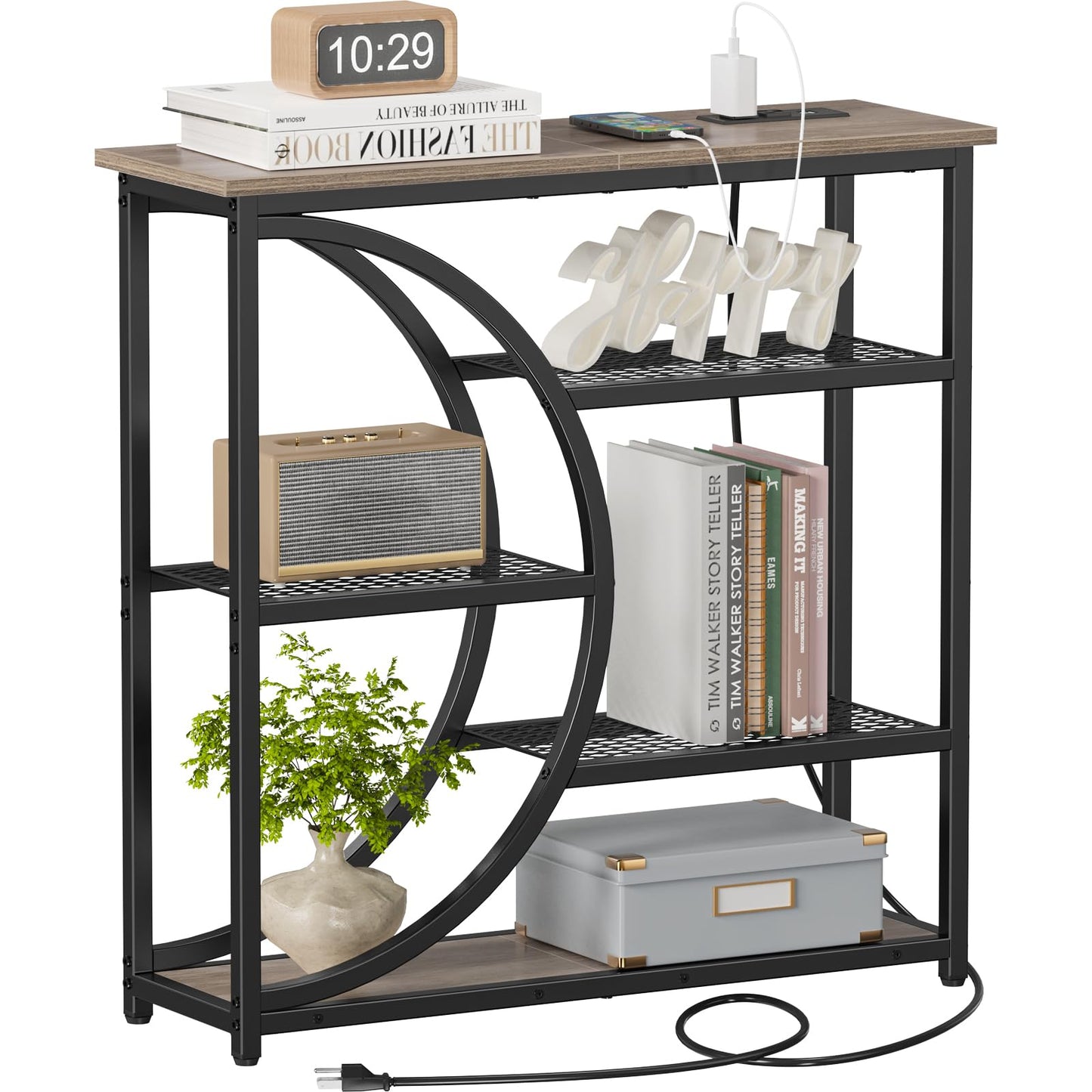 Snughome Entryway Table, Console Table with Charging Station, Industrial Narrow Sofa Table with 5 Tier Storage Shelves, Entrance Table for Hallway, Living Room, Foyer, Grey