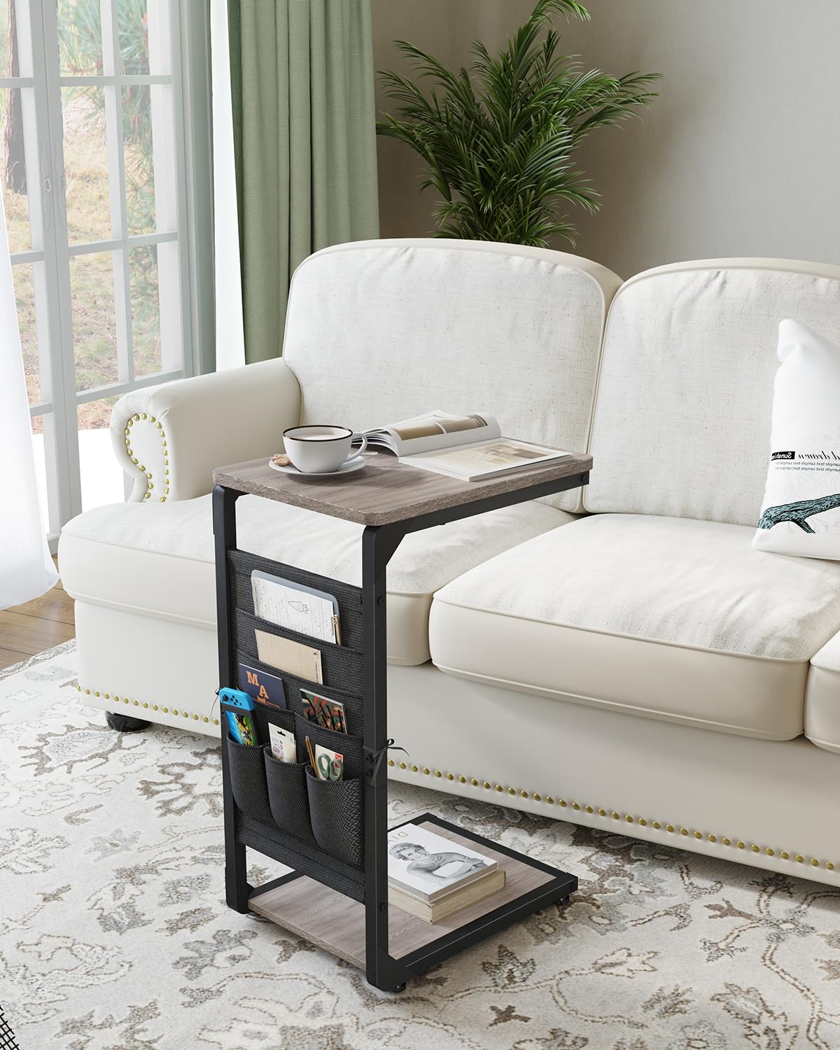 Wood Pedestal Couch End Tables Set of 2, TV Trays for Eating on Couch Tables that Slide Under, Dinner Snack Coffee Sofa C Shaped Side Table, Small Stand TV Tray for Couches Living Room, Grey ET-P-GY2