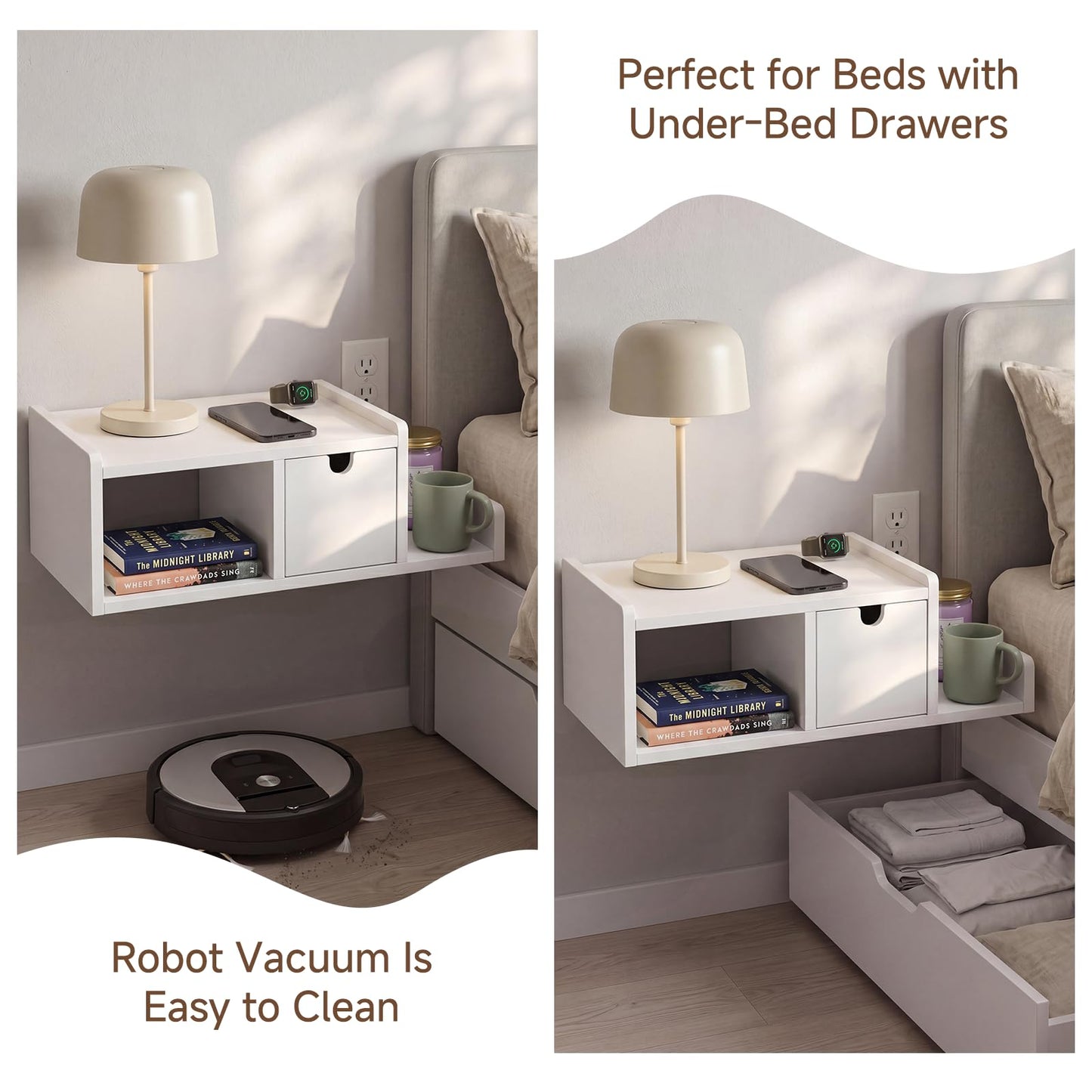 DongRong Floating Nightstand Wall Mounted, Bedside Table with Drawer, Open Cubby & Reversible Side Shelf, Space-Saving Floating End Table for Bedroom/Living Room (White)