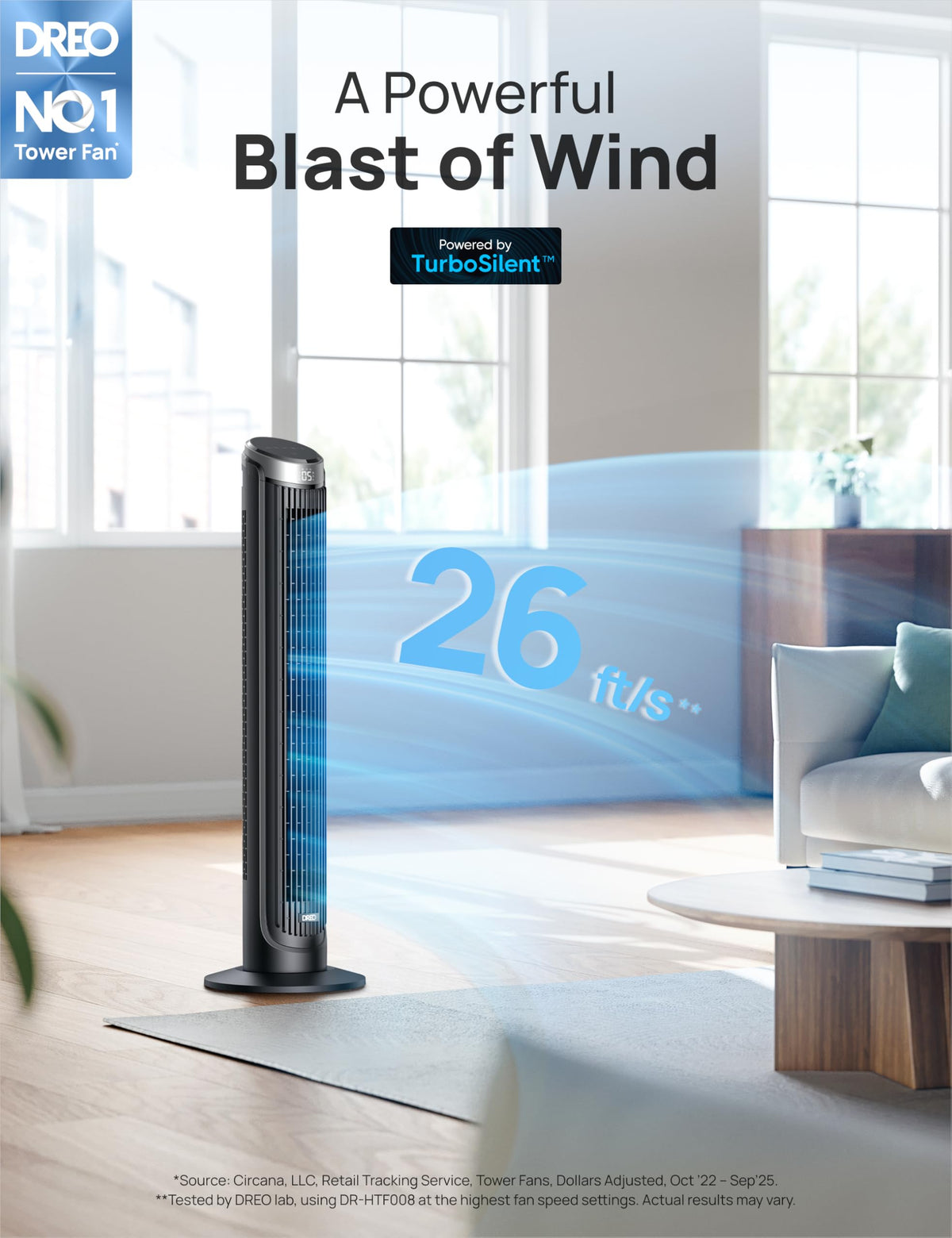 DREO Tower Fan for Bedroom, 90° Oscillating Fans that Blow Cold Air, 5 Speeds, 4 Modes with 26ft/s Velocity, 12H & 28dB Quiet Timer, Remote, Touch, 40" Standing Floor Fan for Home Office, Black