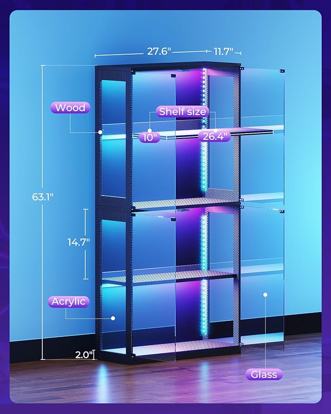 AODK Display Cabinet with Glass Door, 4-Tier Display Case with LED Lights