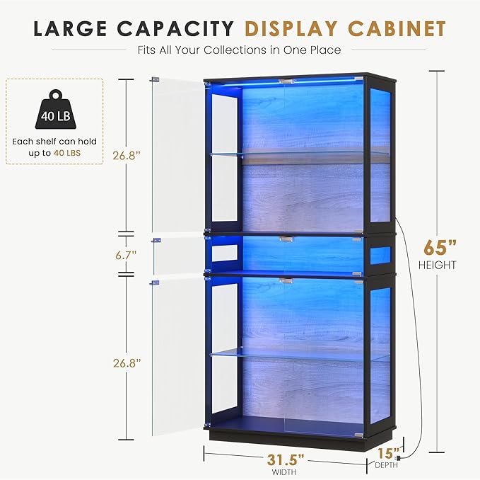 RGB Glass Display Cabinet, 5-Tier Lighted Display Case