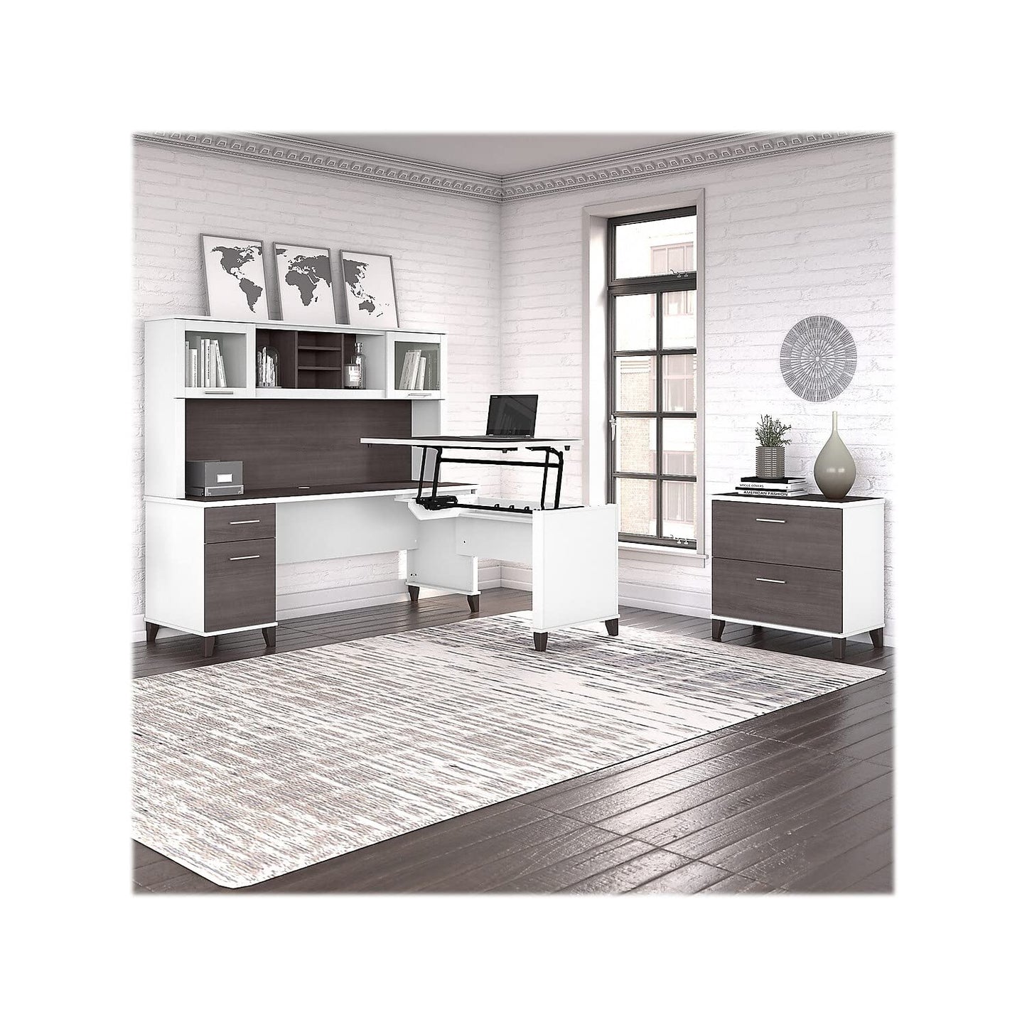 Bush Home Somerset 72W 3 Position Sit to Stand L Shaped Desk with Hutch and File Cabinet in White and Storm Gray