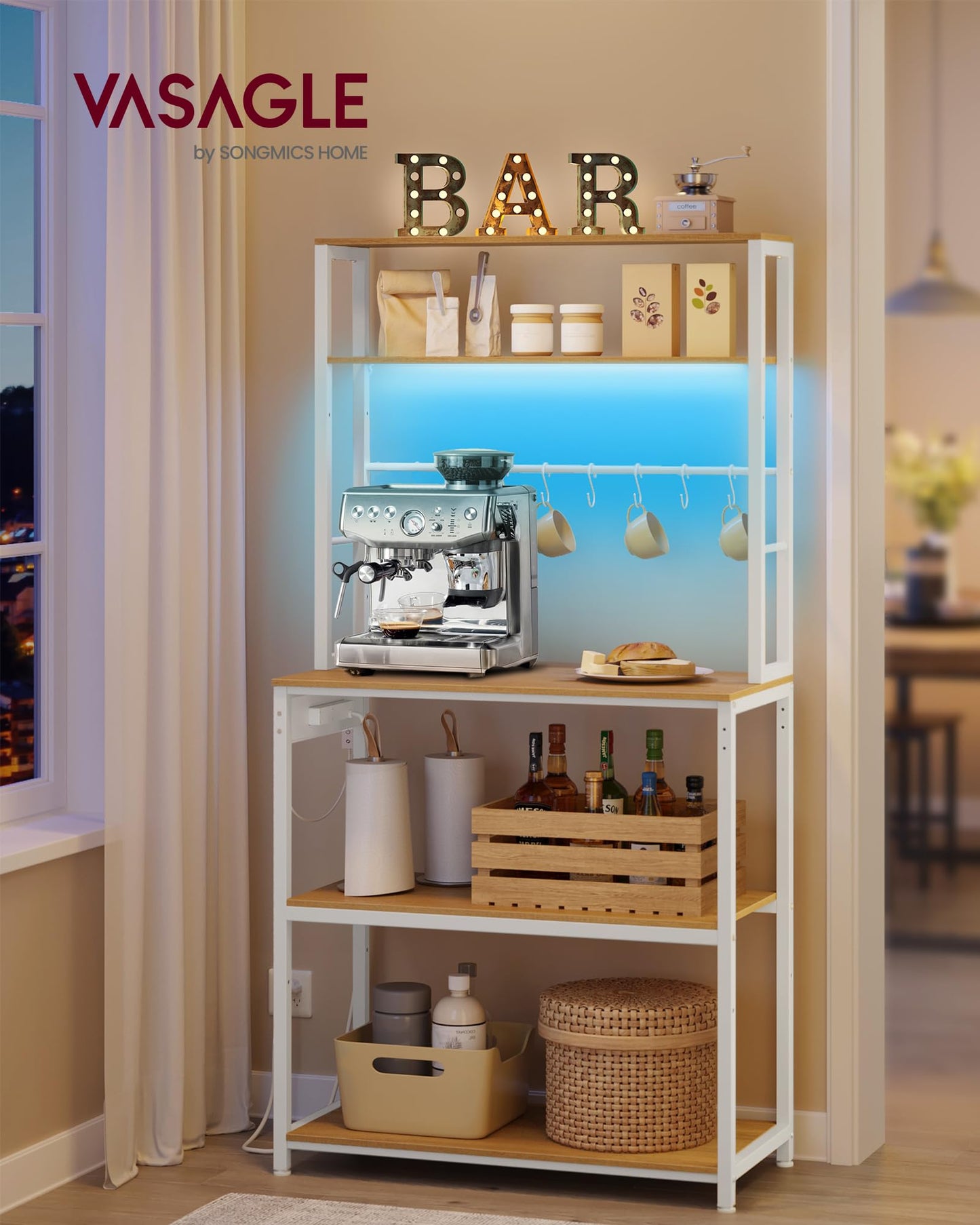 VASAGLE Coffee Bar with LED Lights, Kitchen Bakers Rack with Power Outlet, Microwave Stand with Adjustable Shelves, 8 Hooks, 15.7 x 31.5 x 65.7 Inches, Golden Oak and Matte White UKKS050Y01