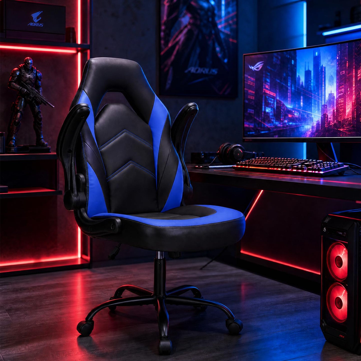 Sweetcrispy Computer Video Game Desk Chair - Ergonomic Comfy Lumbar Support, PU Leather with Flip-up Armrest, Height Adjustable and 360° Swivel, for Adults, Black Blue