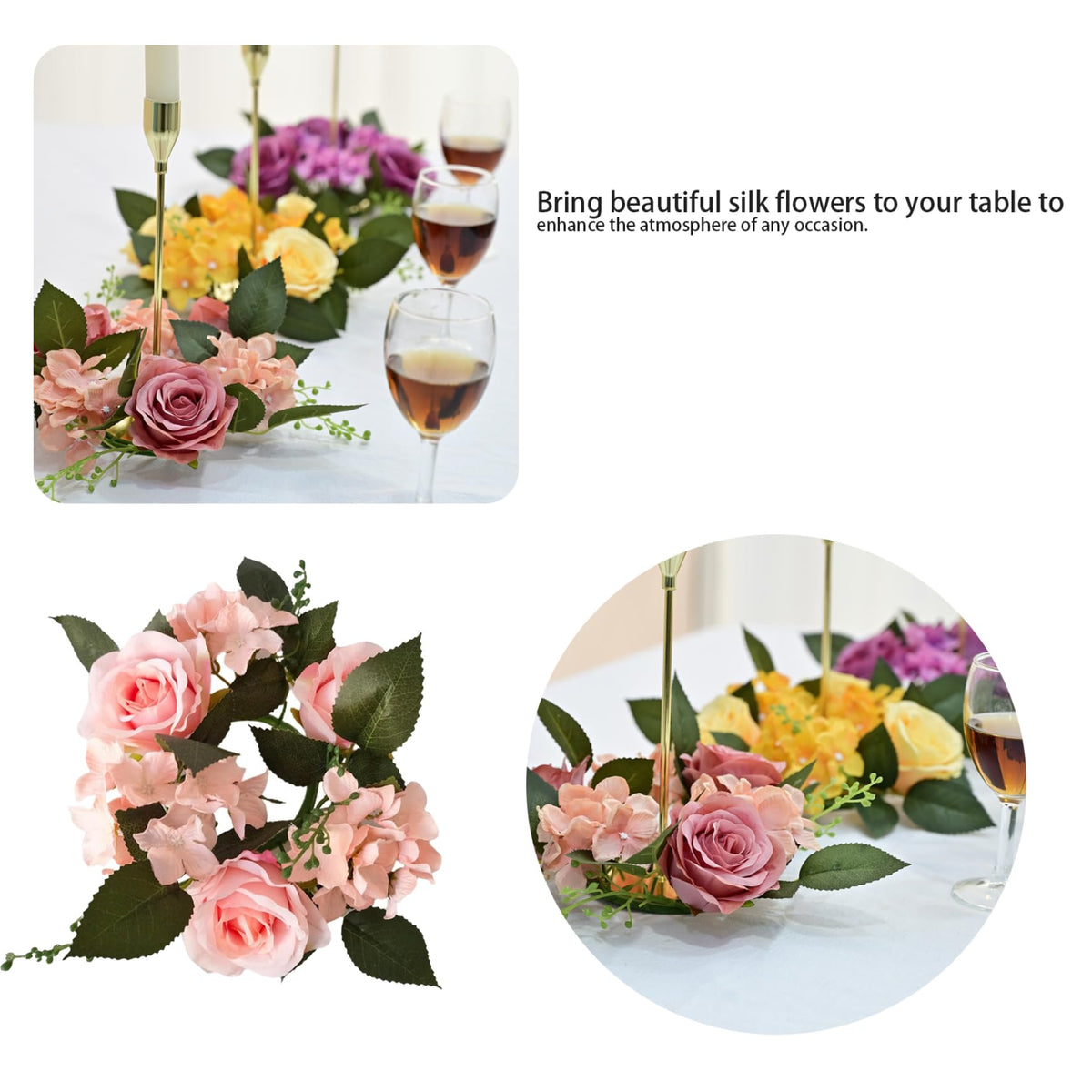 Candle Rings Wreaths 4 Inch Center Artificial Rose Candle Wreath Silk Flower Christmas Rings for Wedding Centerpiece Party Home Table Decor Style 2