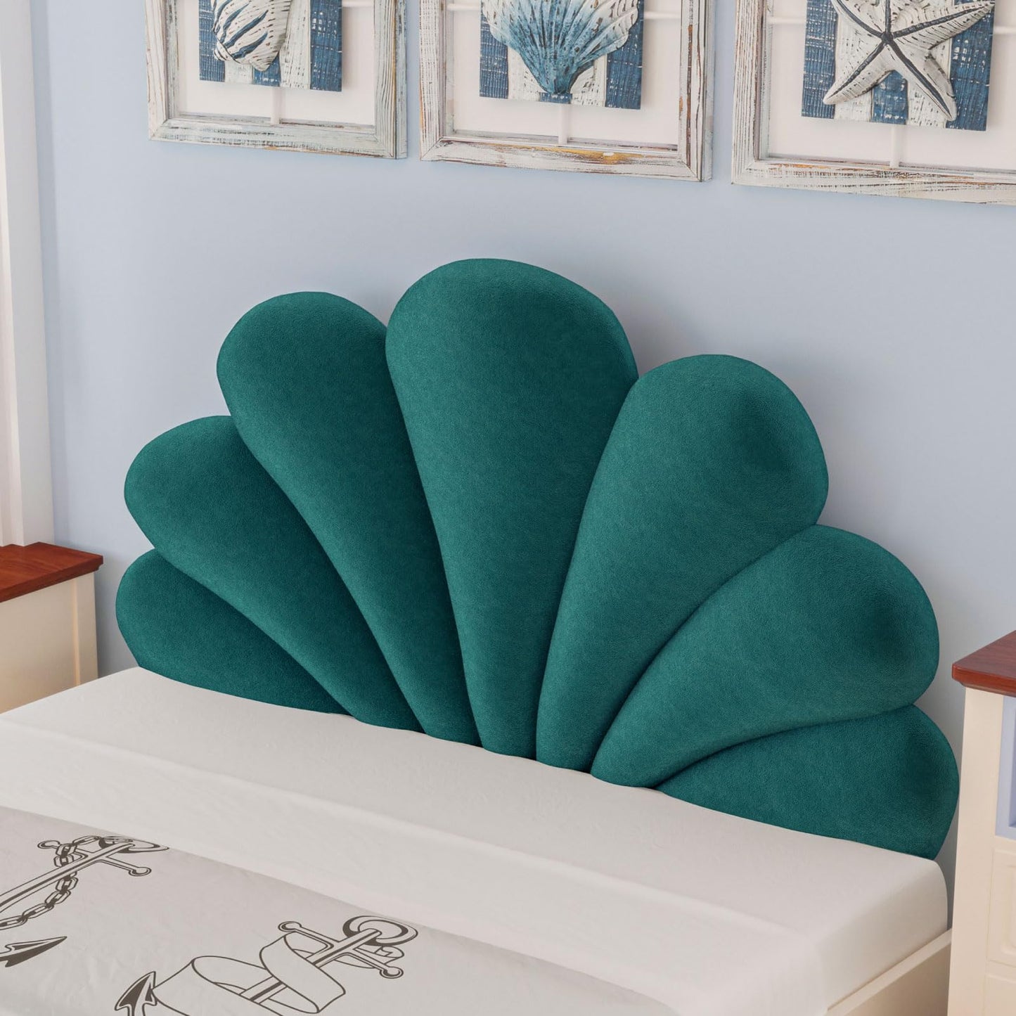 Rucener Queen Size Seashell Headboard Cushion, Soft PP Cotton Filled Upholstered Shell Headboard Pillow, Aesthetic Scalloped Wall Panel Free Standing, Coastal Decor for Teen Grils Bedroom (Blue)