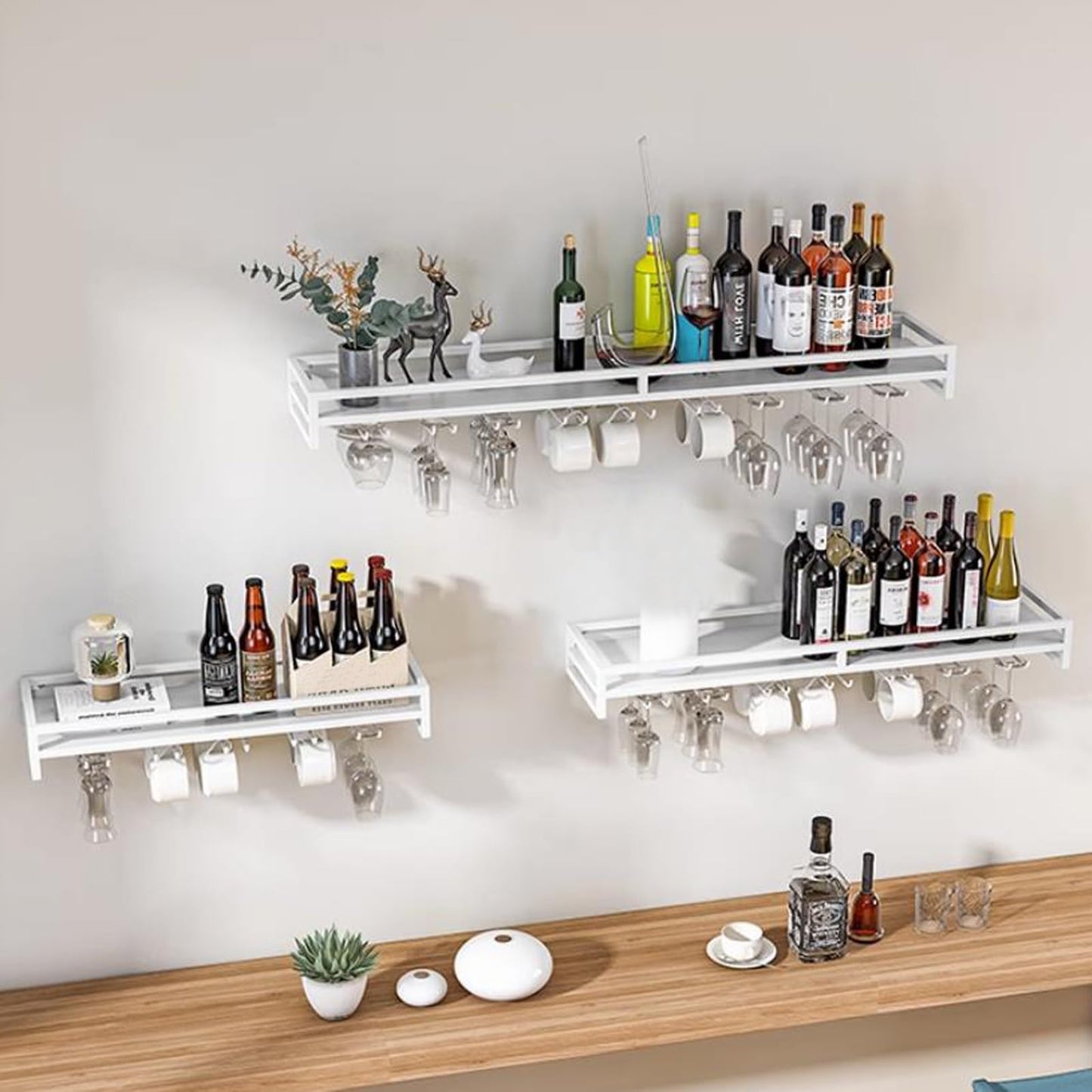 LWJQRSP Heavy-Duty Glass Wine Rack Support 60/80/100cm Hanging Wine Glass Holder Floating Wall Wine Storage Black/White/Gold Screw Installation High Load Capacity for Cafe Bar Restaurant