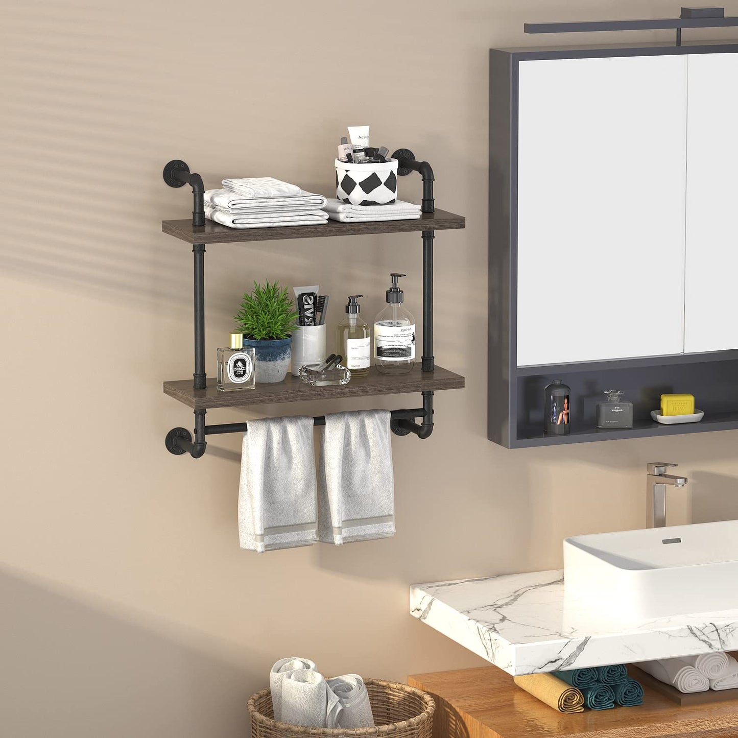 Helsin 2 Tier Wood Floating Shelves Towel Rack, Industrial Pipe Bathroom Shelves Wall Mounted with Towel bar, Wall Display Storage Shelf for Home & Bathroom Decor (Gray, 24inch)