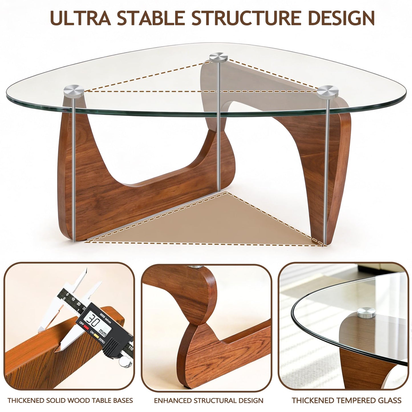 Coffee Table for Living Room, Small Coffee Table with Triangle Tempered Glass Top & Wood Legs, Modern Oval Abstract Dining Center Tables for Home Office Industrial Cocktail Tables 111