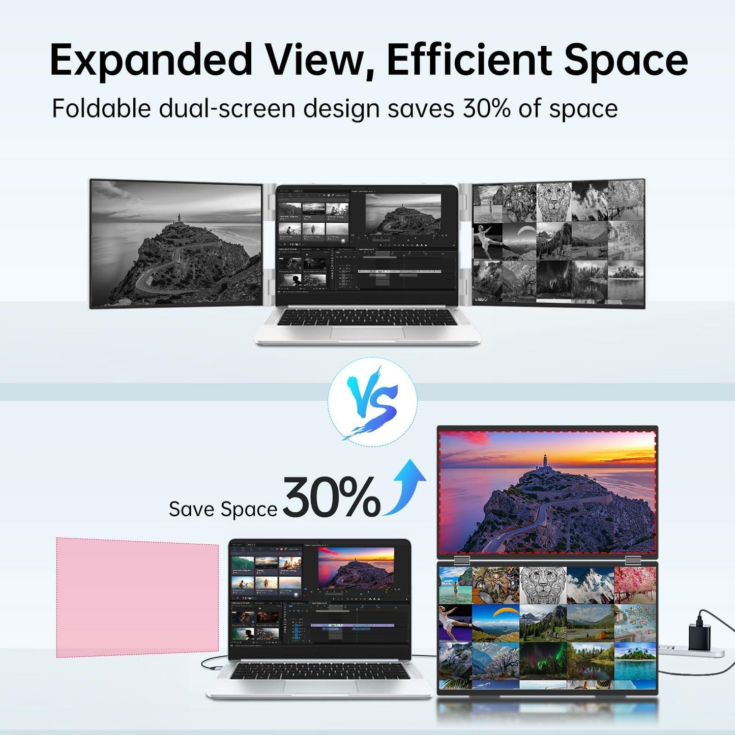 InnoView Portable Dual Monitor 15.6" 1920x1080 Dual Stacked Foldable Monitor | 315° Screen Adjustment | USB-C/HDMI Second Monitor for Laptop, Mac, Windows