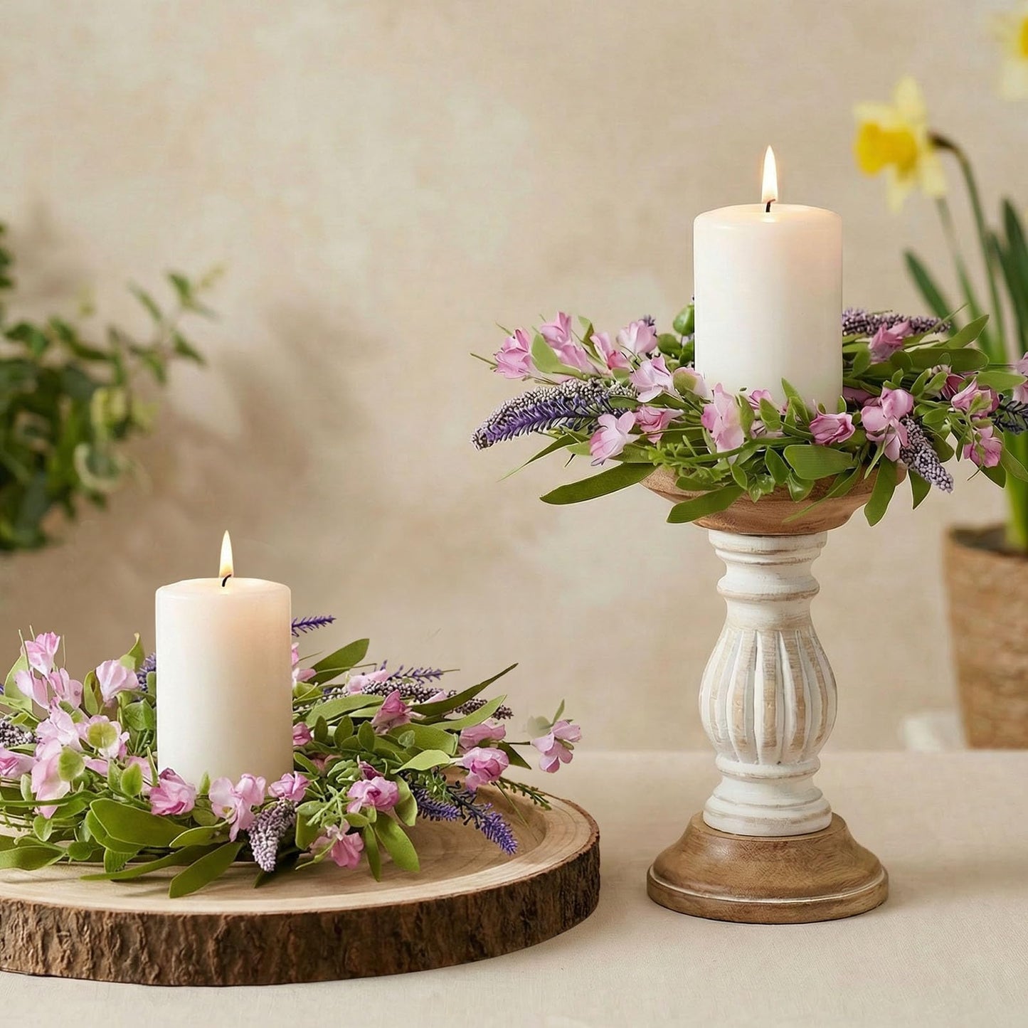 4 PCS Spring Summer Artificial Flowered Wreath Candle Rings Forsythia Lavender Candle Rings Pillar Holder Wreath Mini Floral Candle Rings Wreaths Kitchen Cabinet Swags for Wedding Home Tabletop Decor