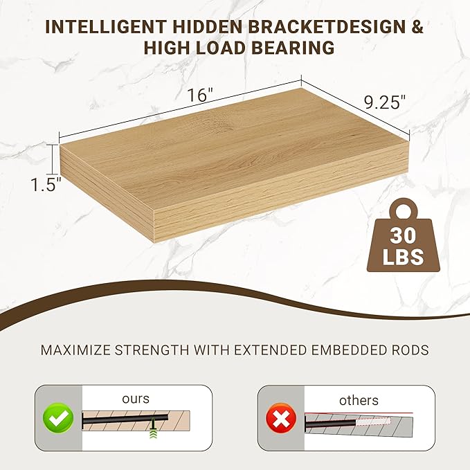 Acovy 16 Inch Floating Shelves, 3D Textured Wood Grain, Wooden Shelves