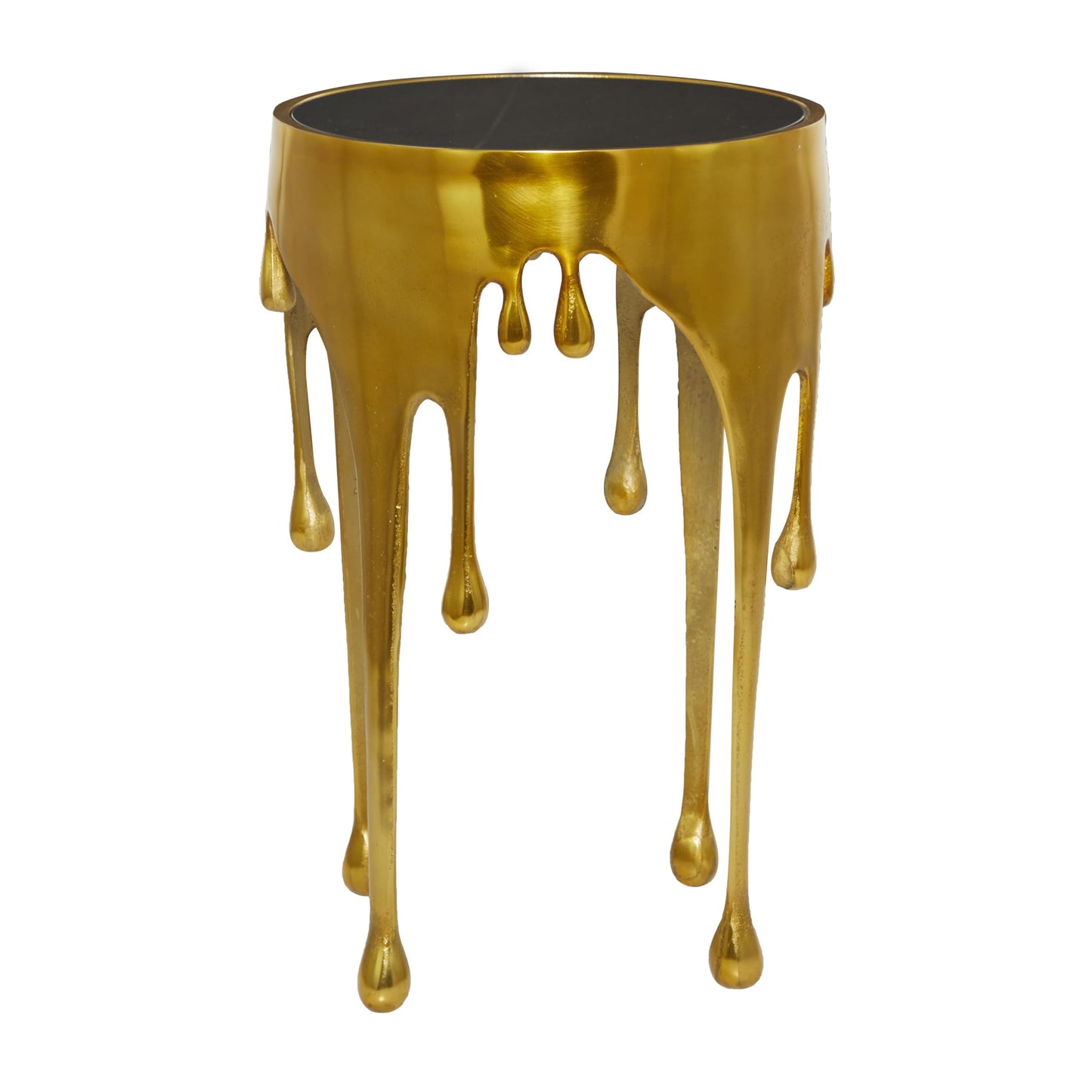 Deco 79 Aluminum Metal Abstract Melting Drip Accent Table with Melting Design and Shaded Glass Top, 16' x 16' x 25', Gold