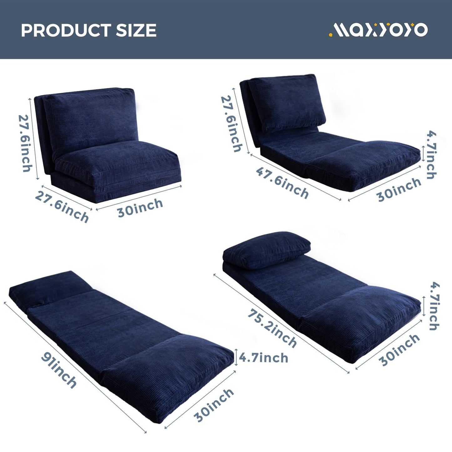 MAXYOYO Folding Sofa Bed, Floor Sofa Convertible Chair with Washable Cover, Floor Couch Lounge Bean Bag Chair Bed for Living Room, Navy, 30x91 Inch