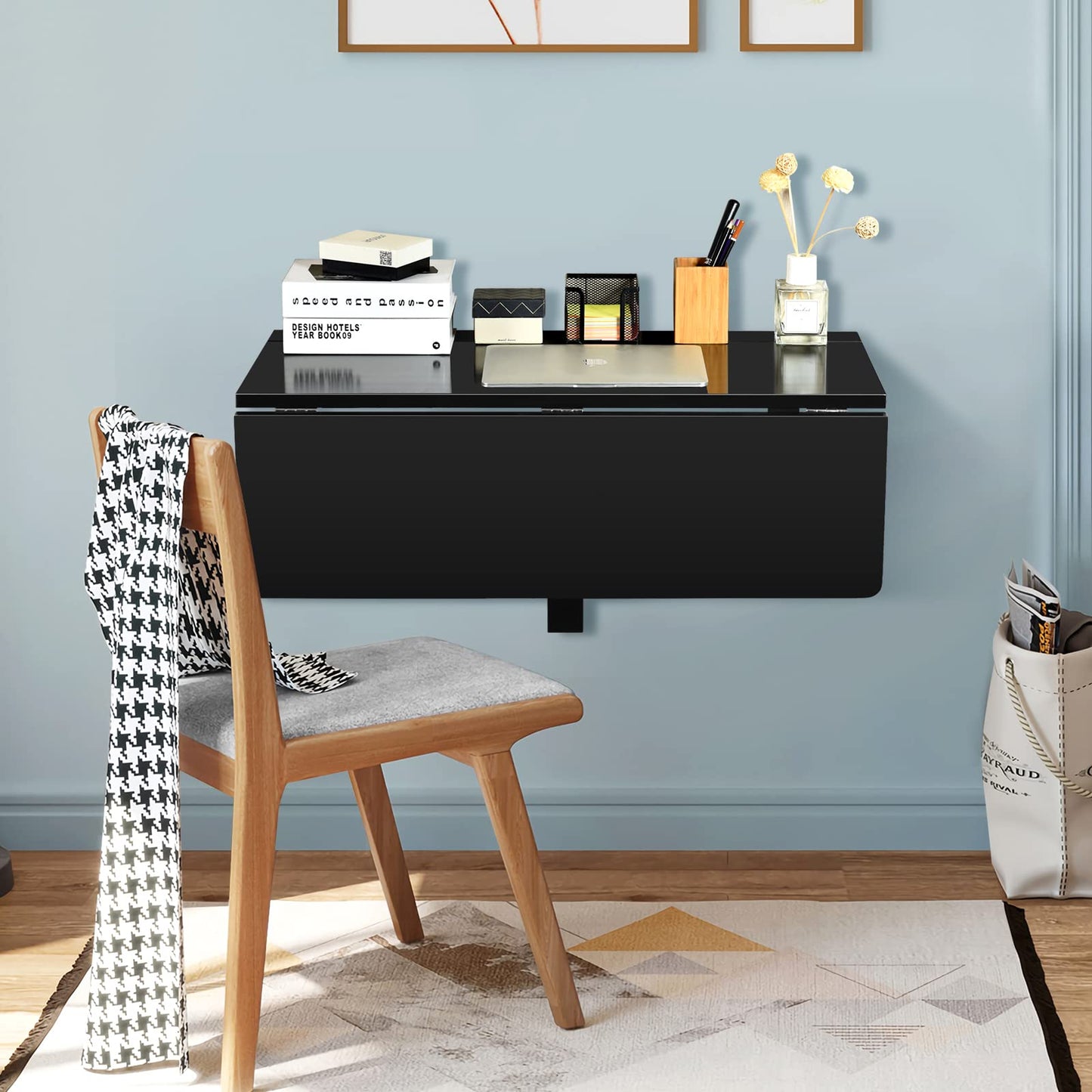 COSTWAY Wall Mounted Folding Table, 31.5" x 23.5" Drop-Leaf Floating Writing Desk for Small Spaces, Space-Saving Fold Down Laptop Workstation for Kitchen, Bedroom, Laundry Room, Study Room (Black)