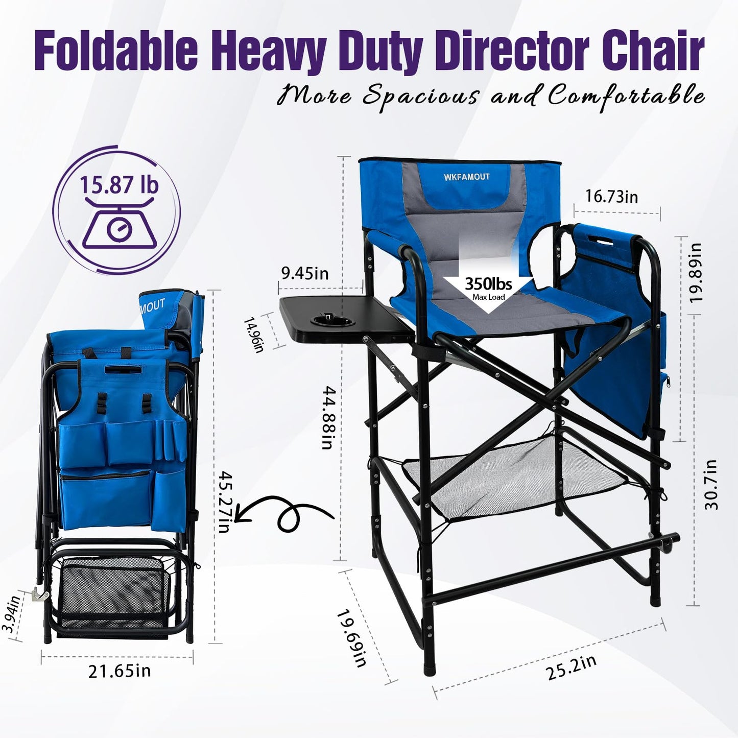 WKFAMOUT Tall Folding Directors Chair with Side Table 30.71" Seat Height Foldable Camping Chair Bar Stool for Makeup Artist Face Painting with Footrest and Storage Pocket Supports 350LBS