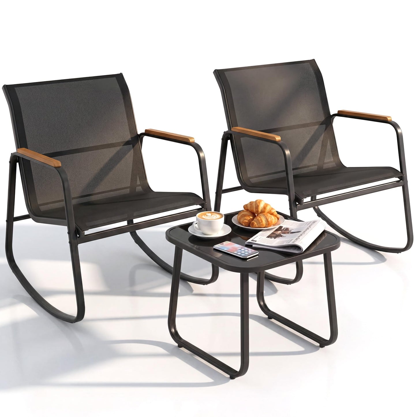 YITAHOME Rocking Patio Furniture Set 3 Piece, Durable Textilene Patio Set w/Wooden Armrest Rocking Chairs & Tempered Glass Table, All Weather for Indoor Outdoor Patio Lawn Garden Poolside, Dark Gray