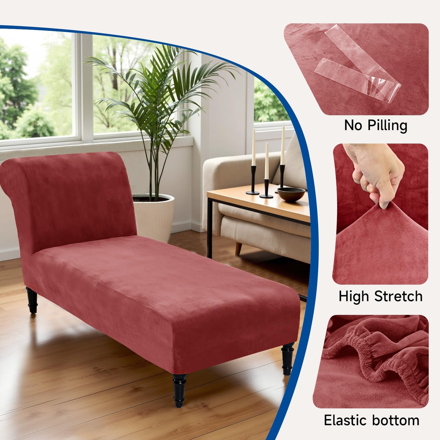 FondleFeeling Velvet Chaise Lounge Cover Indoor Armless Chaise Slipcover Luxury High Stretch Ultra Soft Lounge Chair Covers Modern Machine Washable Chair Cover for Living Room Bedroom Furniture, Red