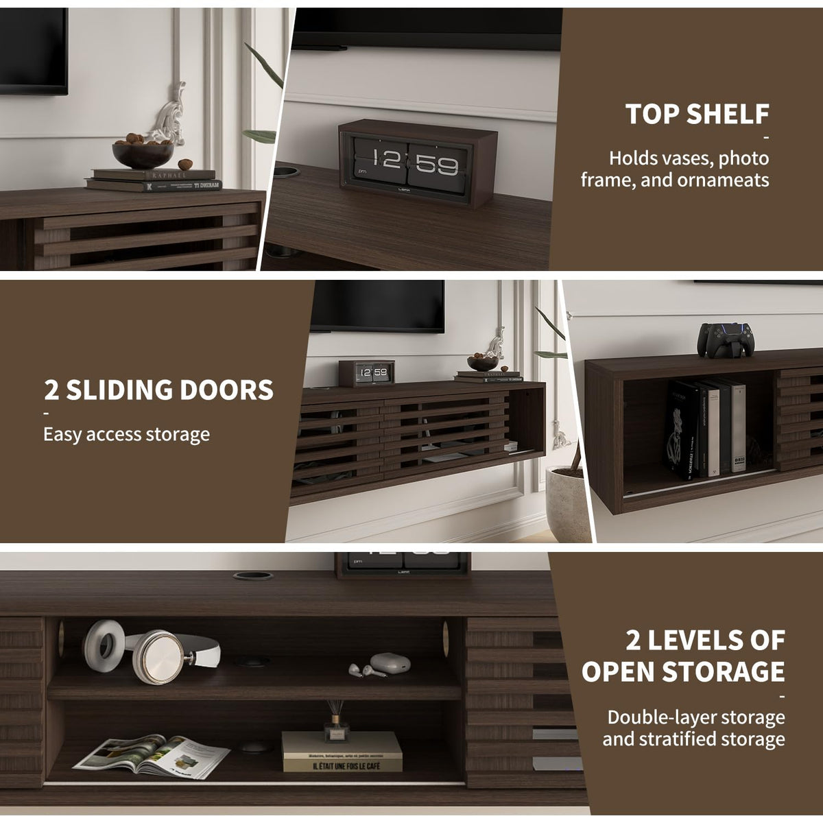 Furniloft 78" Floating TV Stand with Slatted Sliding Doors, Mid-Century Modern Wall Mounted Entertainment Center, Walnut Media Floating tv Console for 85 TV, Space-Saving Cable Management