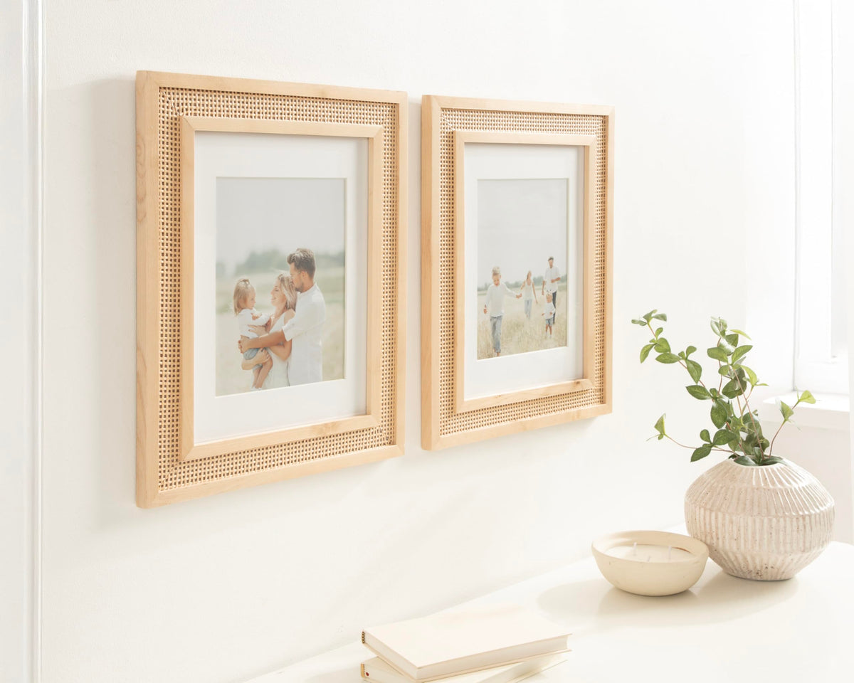Kate and Laurel Corah Modern Faux Rattan Picture Frame Set of 2, 11 x 14 matted to 8 x 10, Natural, Boho Two-Piece Glass Photo Frame Set for Gallery Wall Design in Living Room Wall Decor