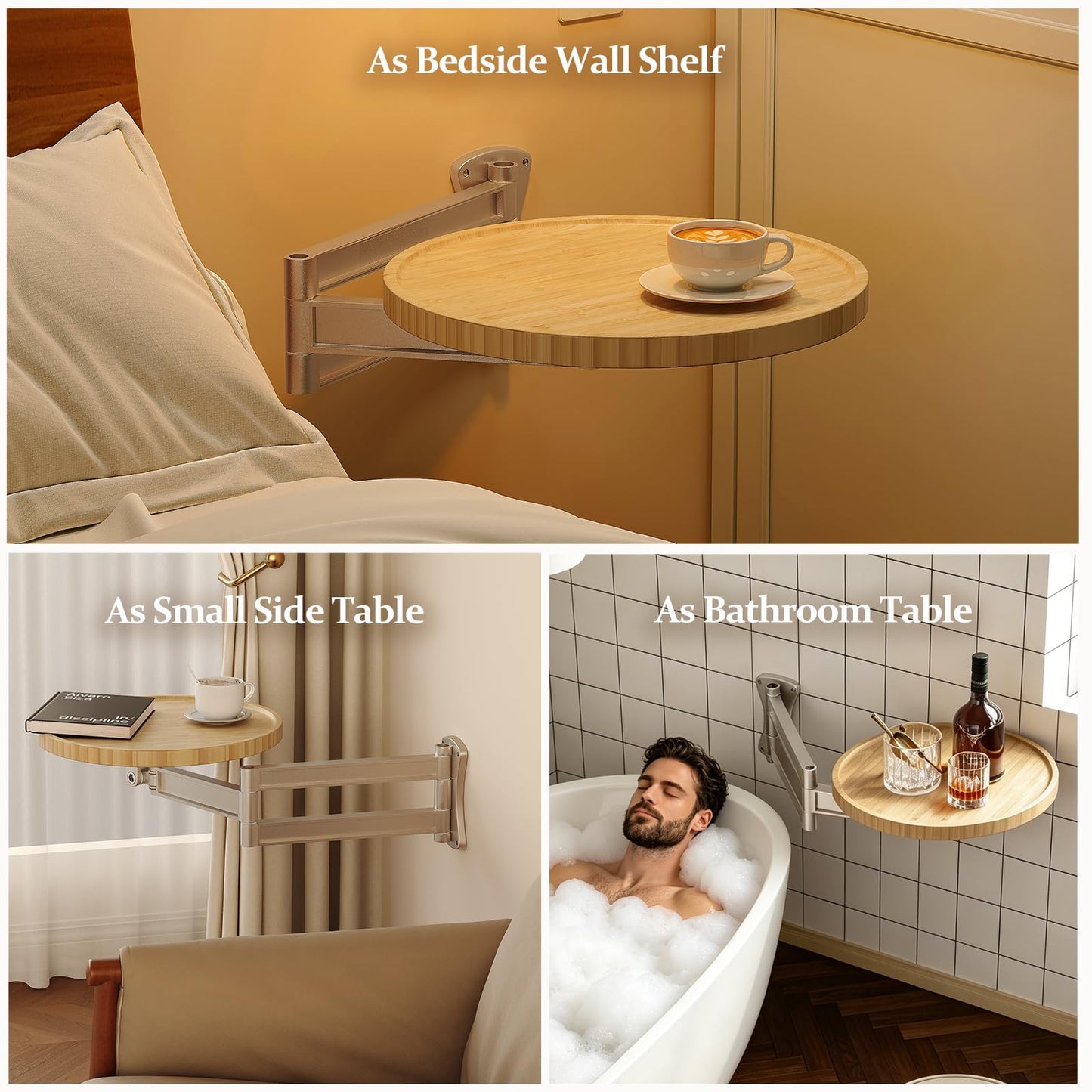 Semjar Wall Mounted Folding Table,Retractable Small Bamboo Drop Down Floating Wall Desk,11.8" Round Wood Tabletop with Aluminum Alloy Brackets,Bedside Wall Shelf Drop Top Desk,Fold Down Nightstand