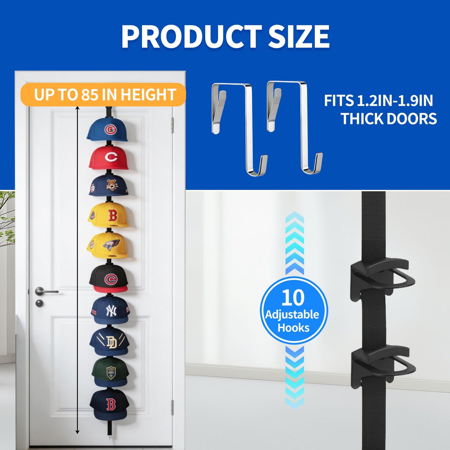 Aitsuremoom Hat Rack for Door, Over the Door Hat Organizer for Baseball Caps, Adjustable Cap Storage with 10 Two-Way Hanging Display Hooks, No-Drill Space-Saving for Bedroom Closet Entryway, 1 Pack