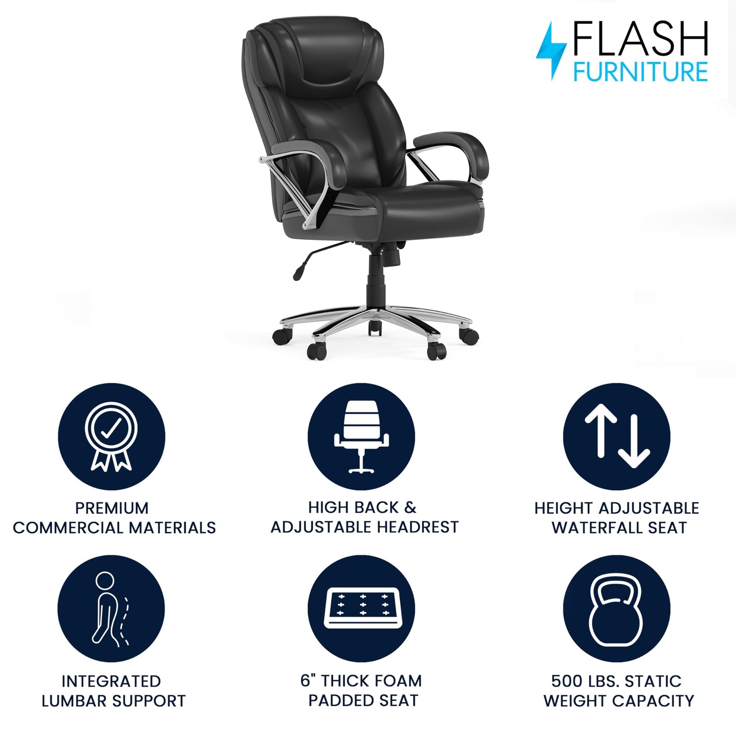 Flash Furniture HERCULES Series Big & Tall 500 lb. Rated Black LeatherSoft Executive Swivel Ergonomic Office Chair with Extra Wide Seat
