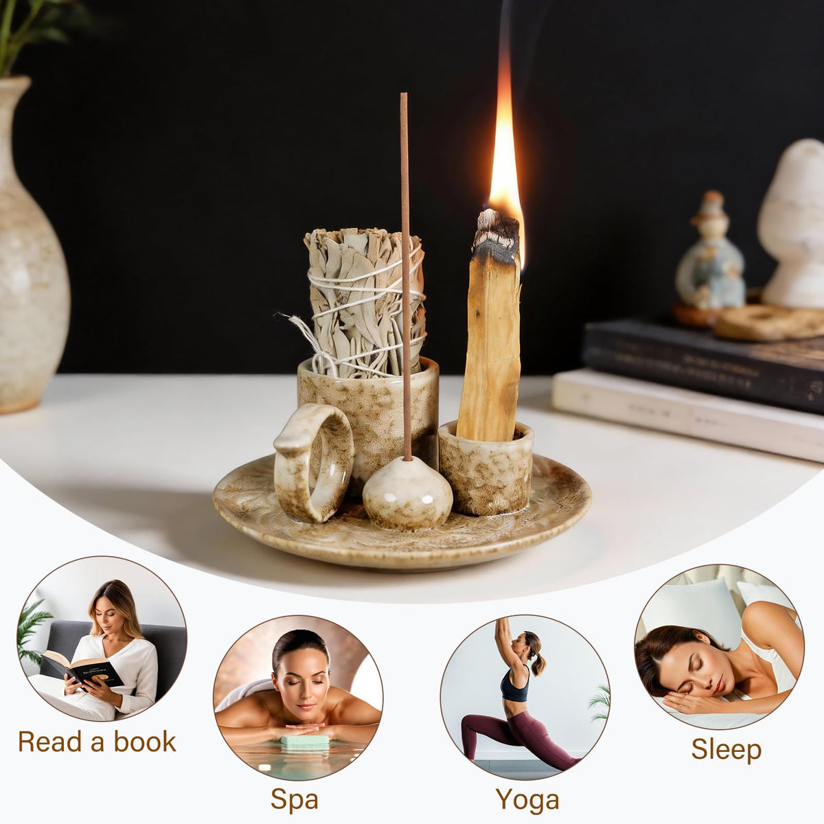 Tnstbiee 4.1-Inch 5-in-1 Ceramic Smudge Bowl-Versatile Incense Stick Holder and Smudging Dish for Palo Santo and Sage–Ideal for Zen Altar, Meditation,Yoga, and Aromatherapy–Easy to Clean Brown Design