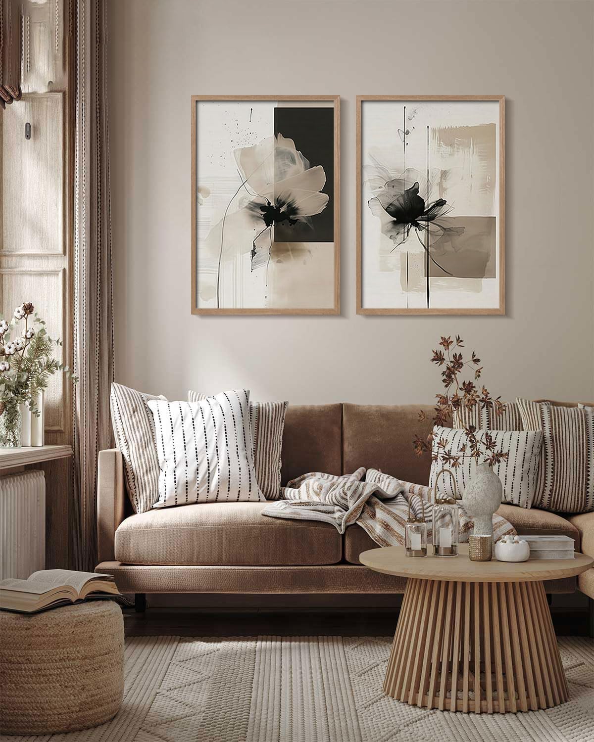 2Pcs Framed Black and White Flower Abstract Wall Art Modern Neutral Canvas Prints Posters Pictures Gallery Wall Decor Living Room Bedroom Office Apartment 12X16 Inch Ready to Hang