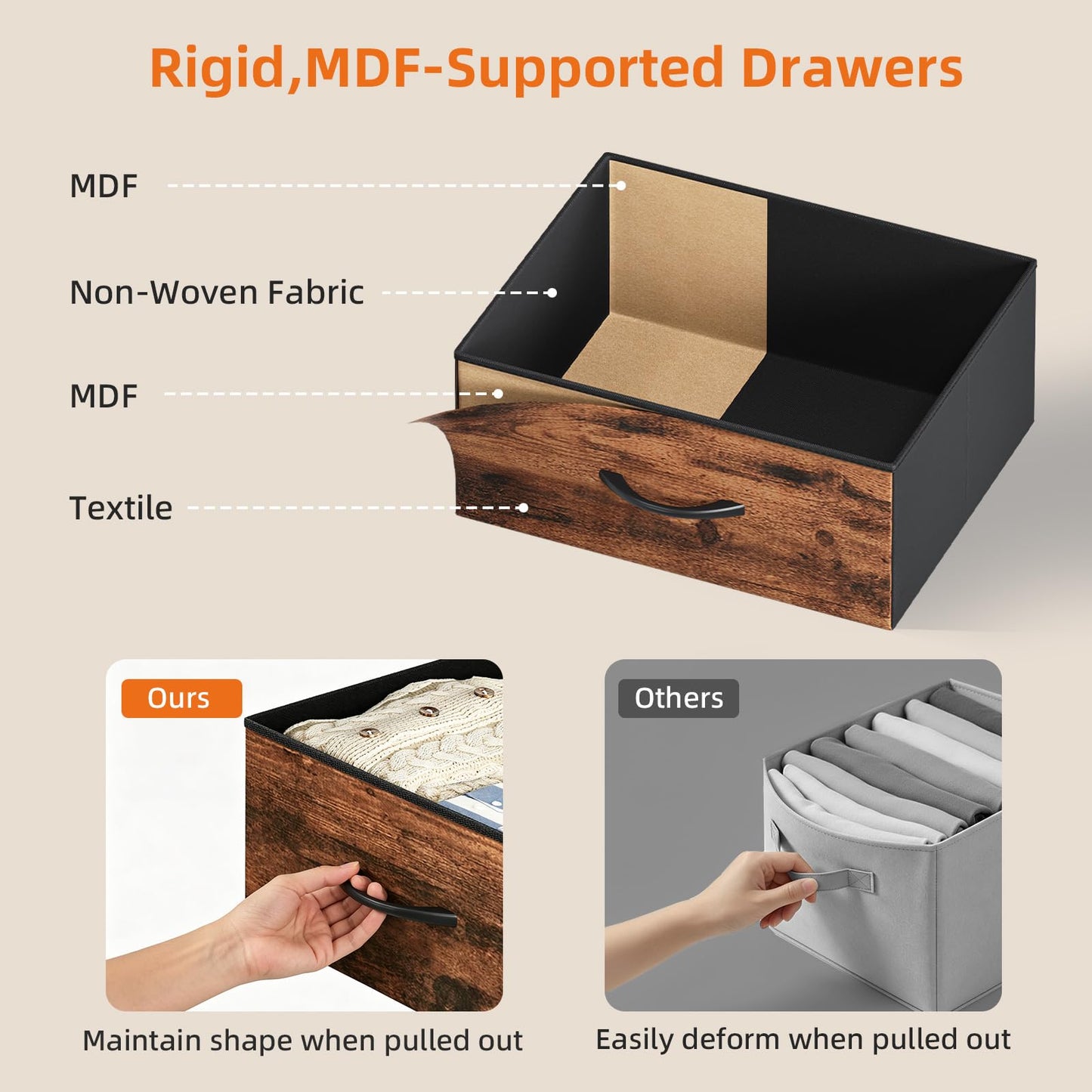 Somdot 2 Drawers Nightstand with Charging Station and LED Light for Bedroom, Small Dresser with Fabric Bins for Bedside Kids Dorm Room Closet Laundry Entryway, Wood Grain Print