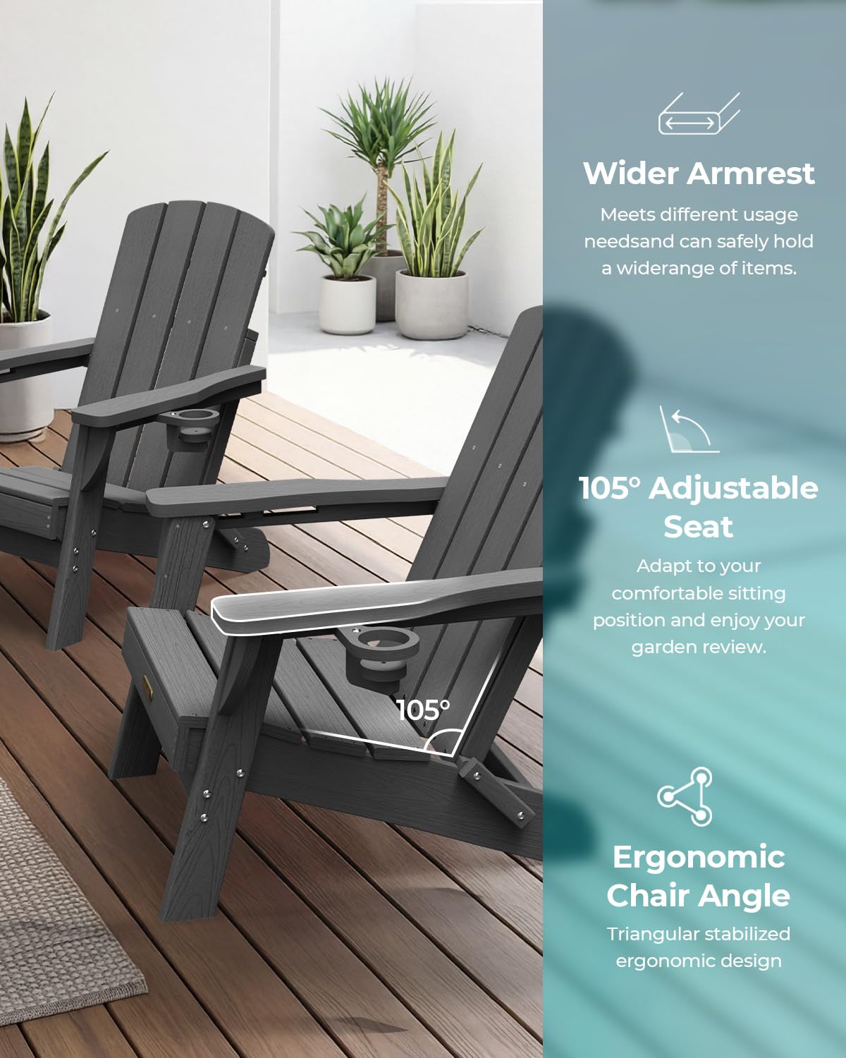 SUUNYN Folding Adirondack Chair, HDPE Adirondack Chairs with 2 Cup Holder, Plastic All-Weather Fire Pit Chairs, Outdoor Lawn Chair for Patio Garden (Grey)