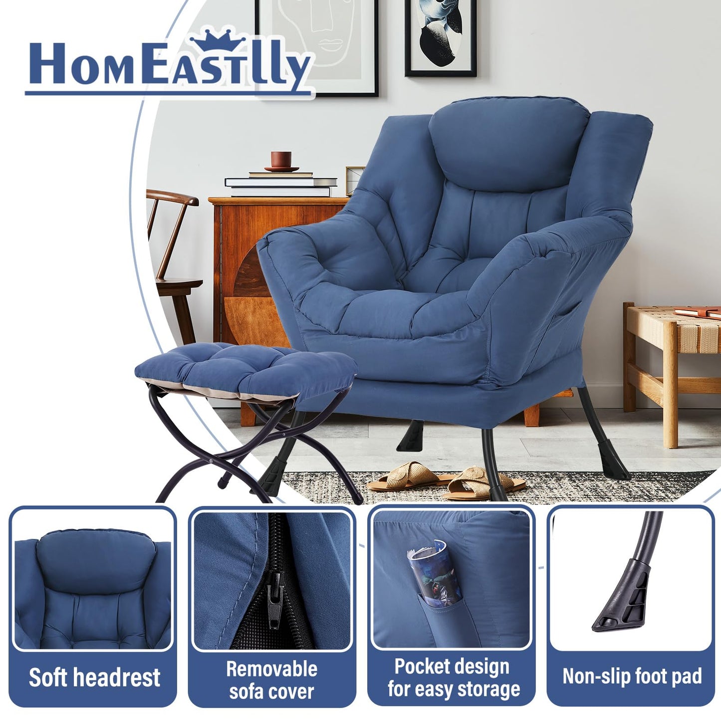 HomEastlly Lazy Chair with Ottoman, Large Royal Blue Accent Chair with Ottoman, Comfy Reading Armchair, Leisure Sofa Chair for Living Room, Bedroom, Dorm Room, Office