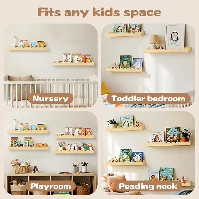 Nursery Floating Shelves for Kids Room, 2 Pack 23.6 Inch Natural Wood Wall