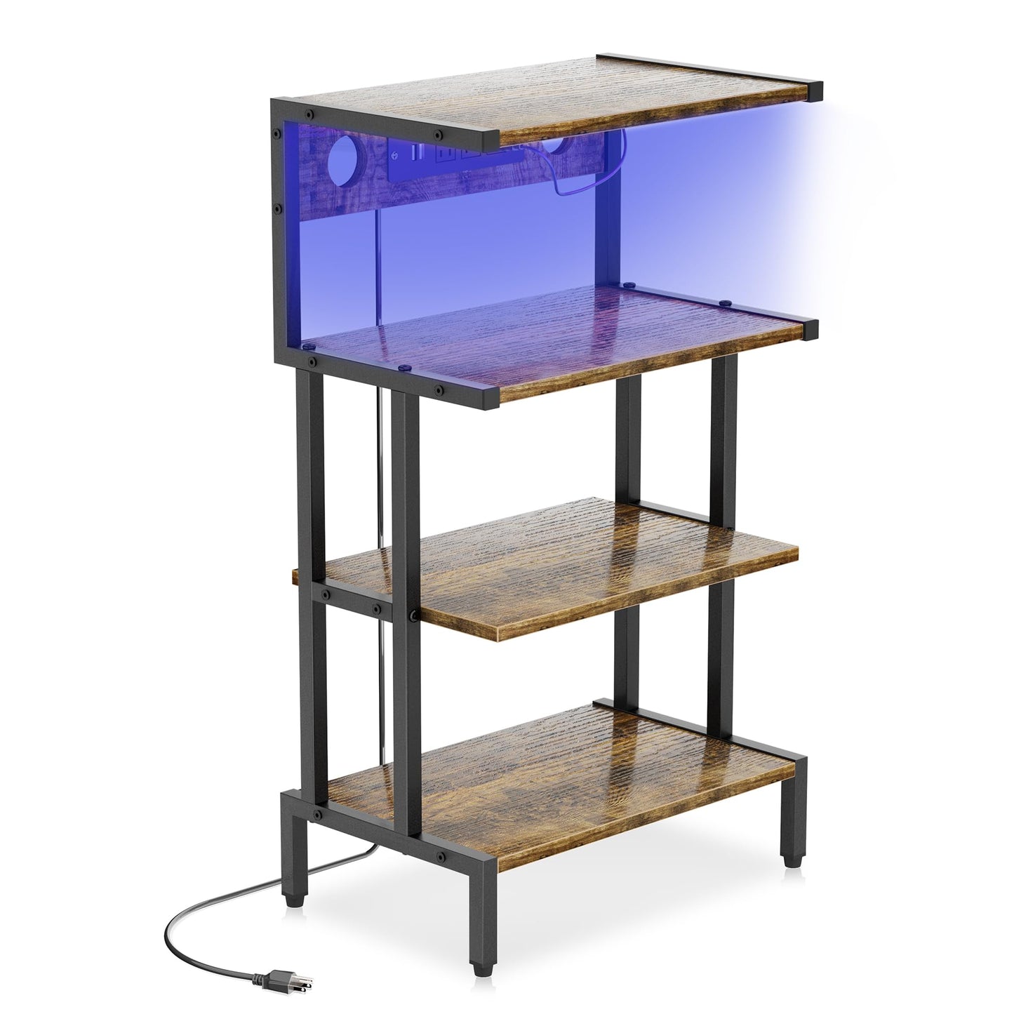 Aquzee Video Game Console Shelf, Stereo Racks - Media Stand with Outlet & Led Strip Light, 4-Tier Gaming Shelf for PS4 PS5 Xbox Games Organizer, Small Entertainment Center, AV Media Stand for CD DVD