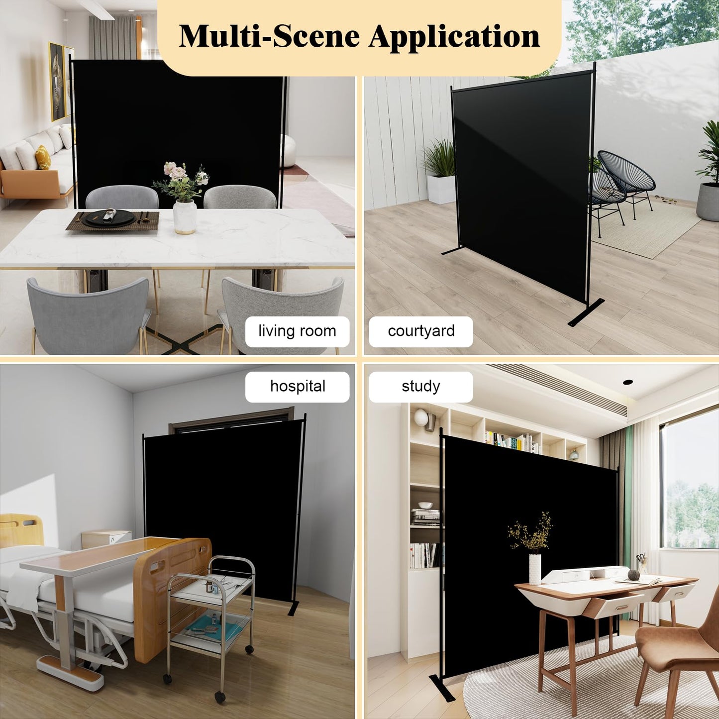 T&Jero 1-Panel Folding Room Divider, 6ft Tall Portable Privacy Screen Wall for Home and Office, Modern Freestanding Partition Separator for Bedroom, Studio, 71" Wide x 71" High, Black