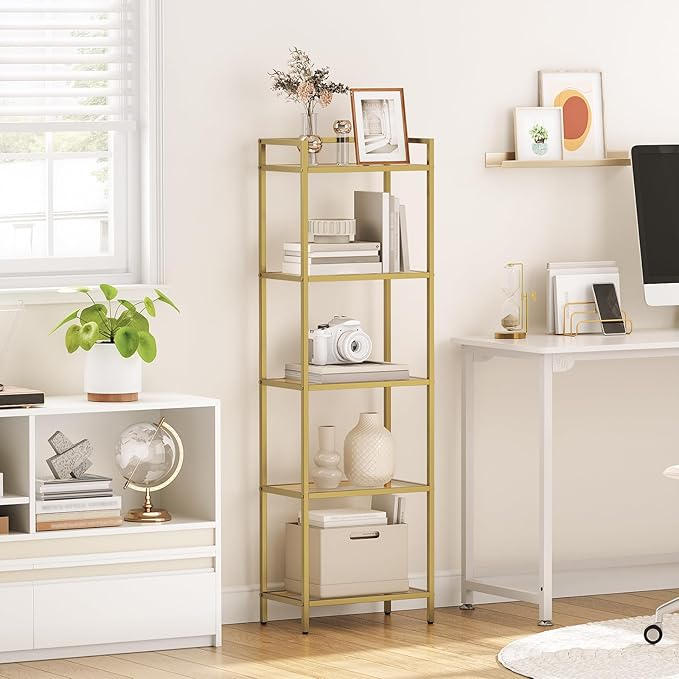 HOOBRO 5-Tier Gold Shelf, Narrow Book Shelf, Display Cabinet