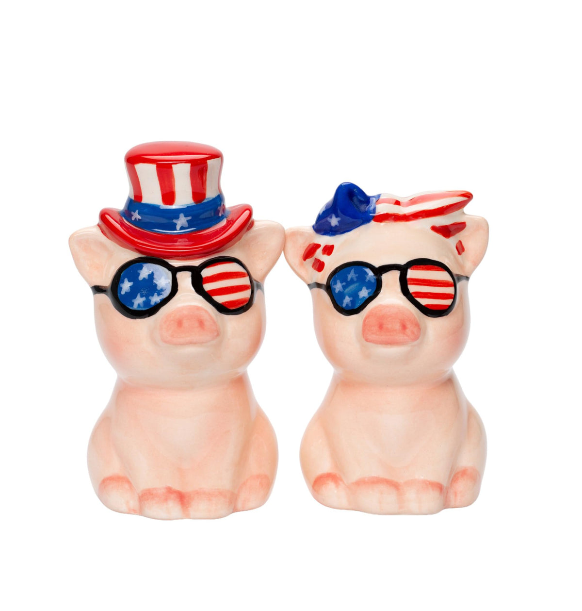 21083 Fine Ceramic Cute Patriotic Fourth of July Love Couple Pig Salt & Pepper Shakers Set, 3-1/2" H