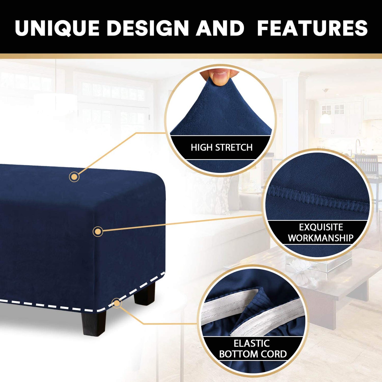PrinceDeco Real Velvet Plush Ottoman Cover Soft Rectangle Folding Storage Covers Furniture Protector Removable Footstool Protect Footrest Covers Elastic Bottom(Large, Navy)