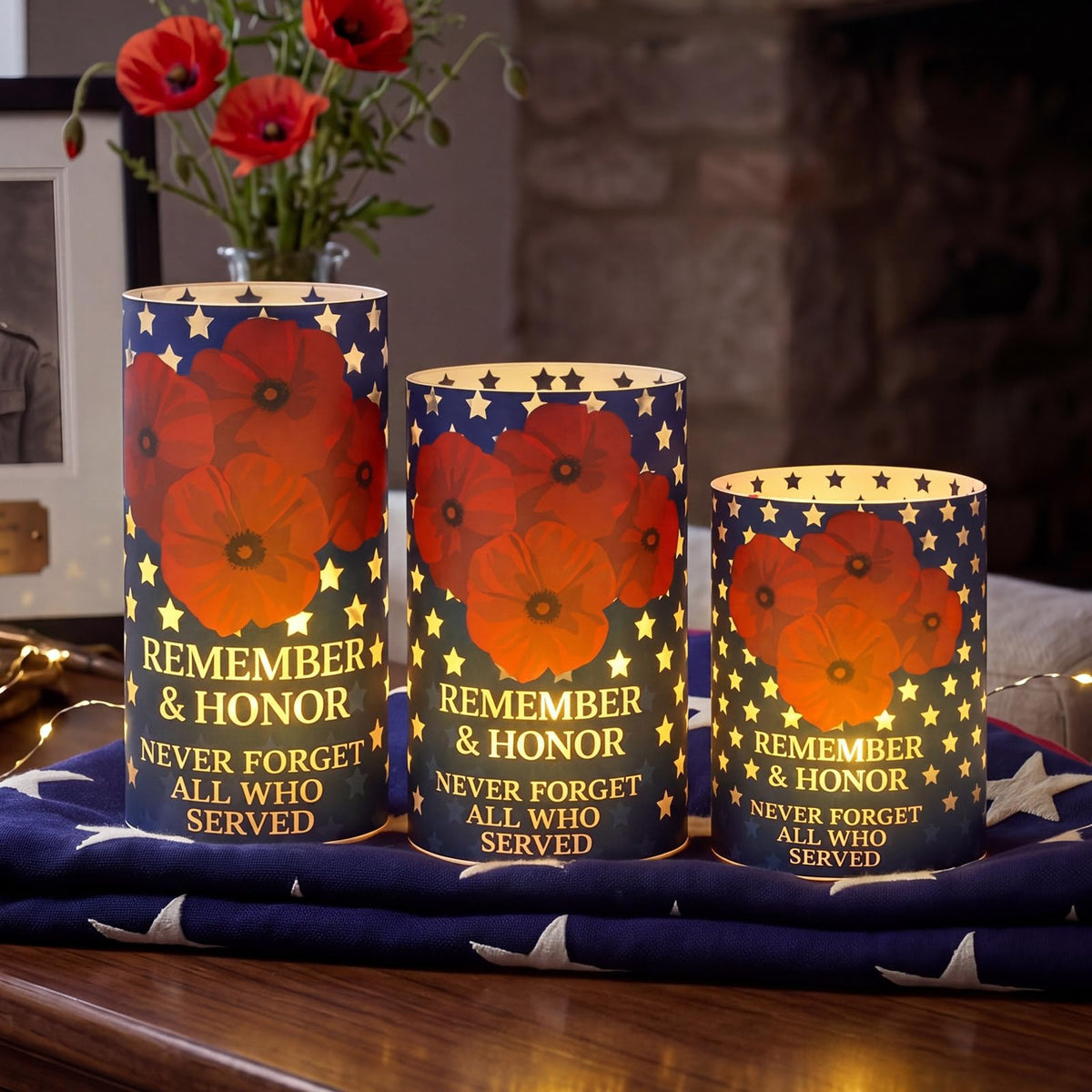 Baquler 3 Set Patriotic Flameless Candles White Red Blue Lampshade with LED Tea Lights Star Poppy Flower Candle Decorations for Independence 4th of July Veterans Day Tabletop Home Decor