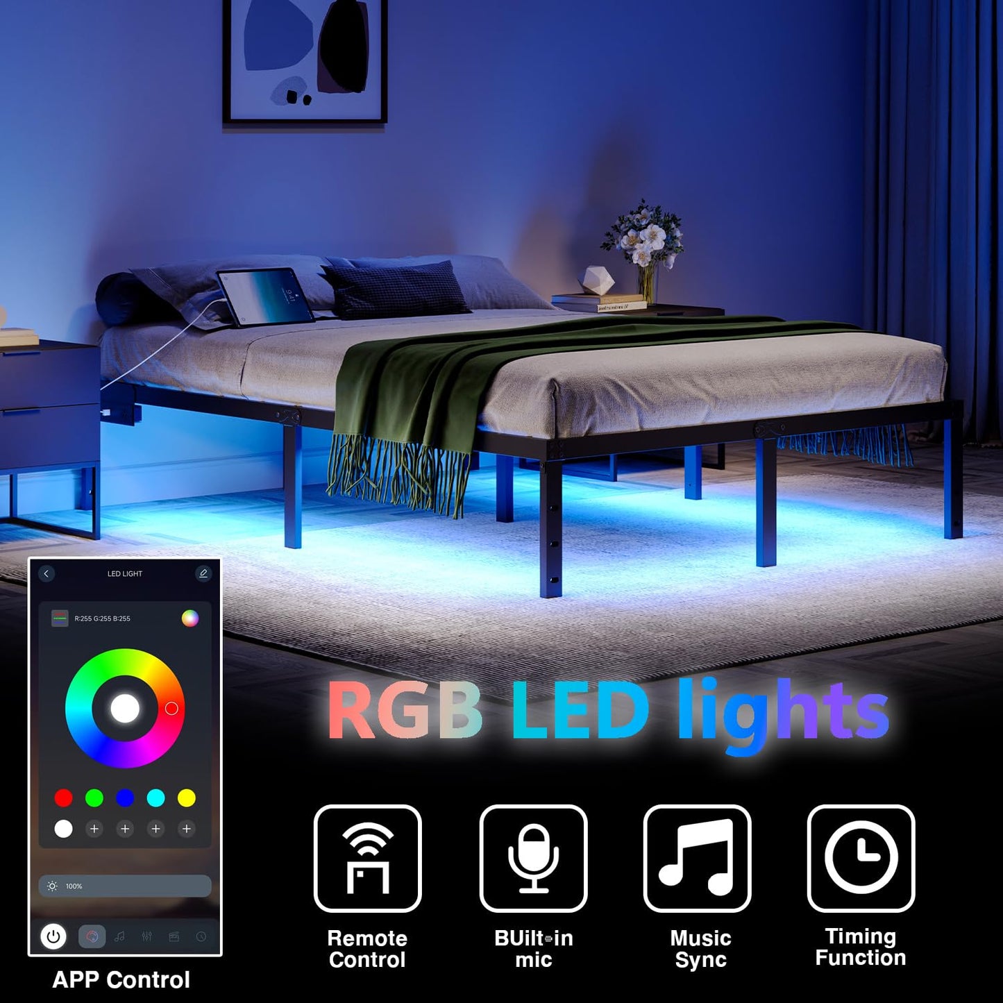 HAVONIZD Full Size Bed Frame with LED Lights & Charging Station - 14 Inch Heavy Duty Metal Platform Bed Frame No Box Spring Needed, Easy Assembly, No Noise