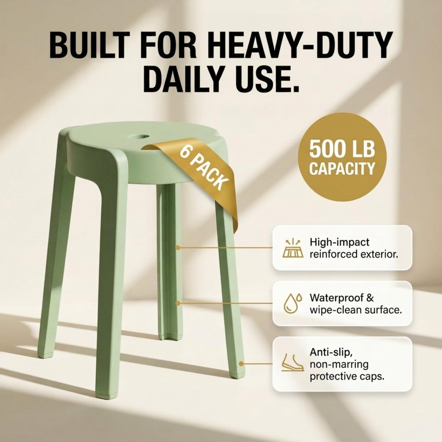 Stackable Plastic Stools Set of 6-18 Inch Heavy Duty 500 lbs Capacity, Flexible Seating Classroom Stools for School, Outdoor Patio & BBQ Chairs, Space Saving Plastic Chairs for Dorm, Home Office