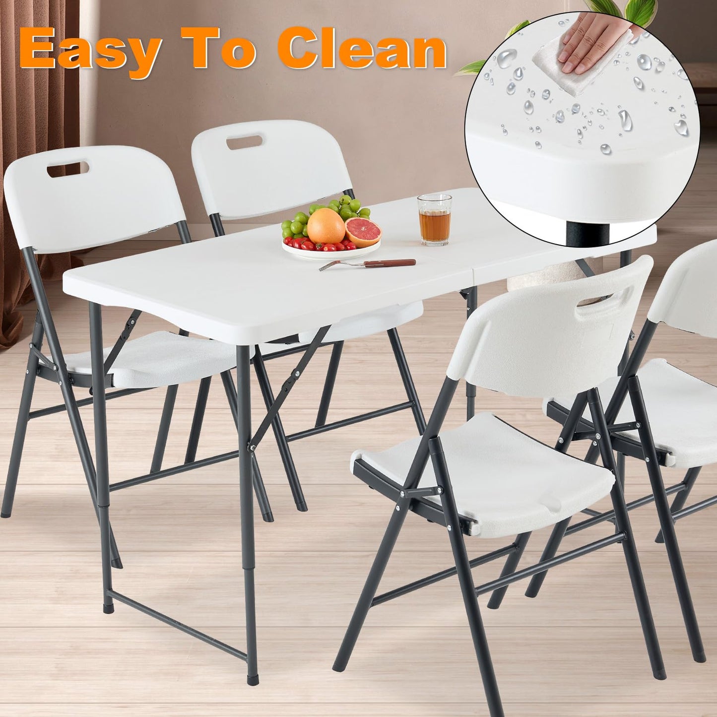 FROASISPRO 4ft Folding Table, Portable Fold-in-Half Adjustable Height Utility Table for Indoor/Outdoor Use, Durable HDPE & Steel, Stable & Lightweight, Multi-Purpose, White