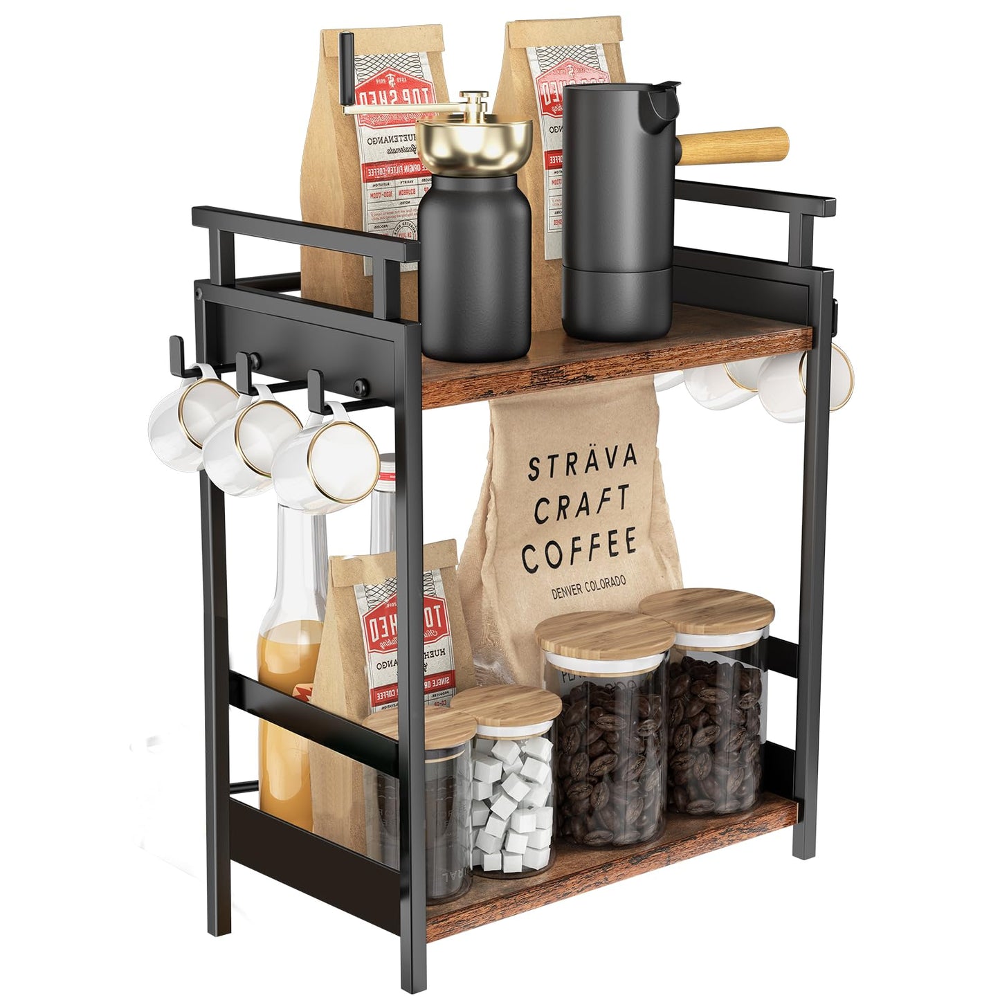 KLM 2 Tier Coffee Bar Organizer for Home Office, Spice Rack for Countertop, Kitchen Counter Storage Shelf with Hanging Basket, Coffee and Tea Condiment Station Organizer