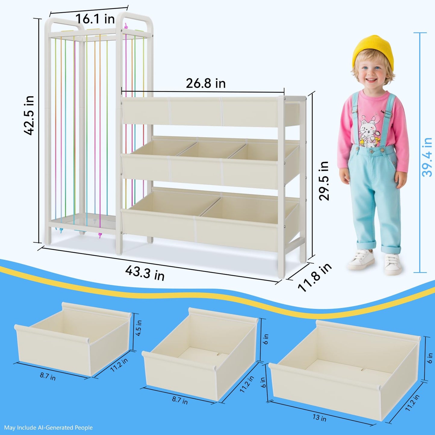 CYXPHION B6 Toy Storage Organizer with Stuffed Animal Storage, 3-Tier Wooden Shelves and 8 Bins, Toy Shelf Organizer, Kids Bookshelf and Toy Storage for Kids Room, Bedroom, Playroom, Nursery, White