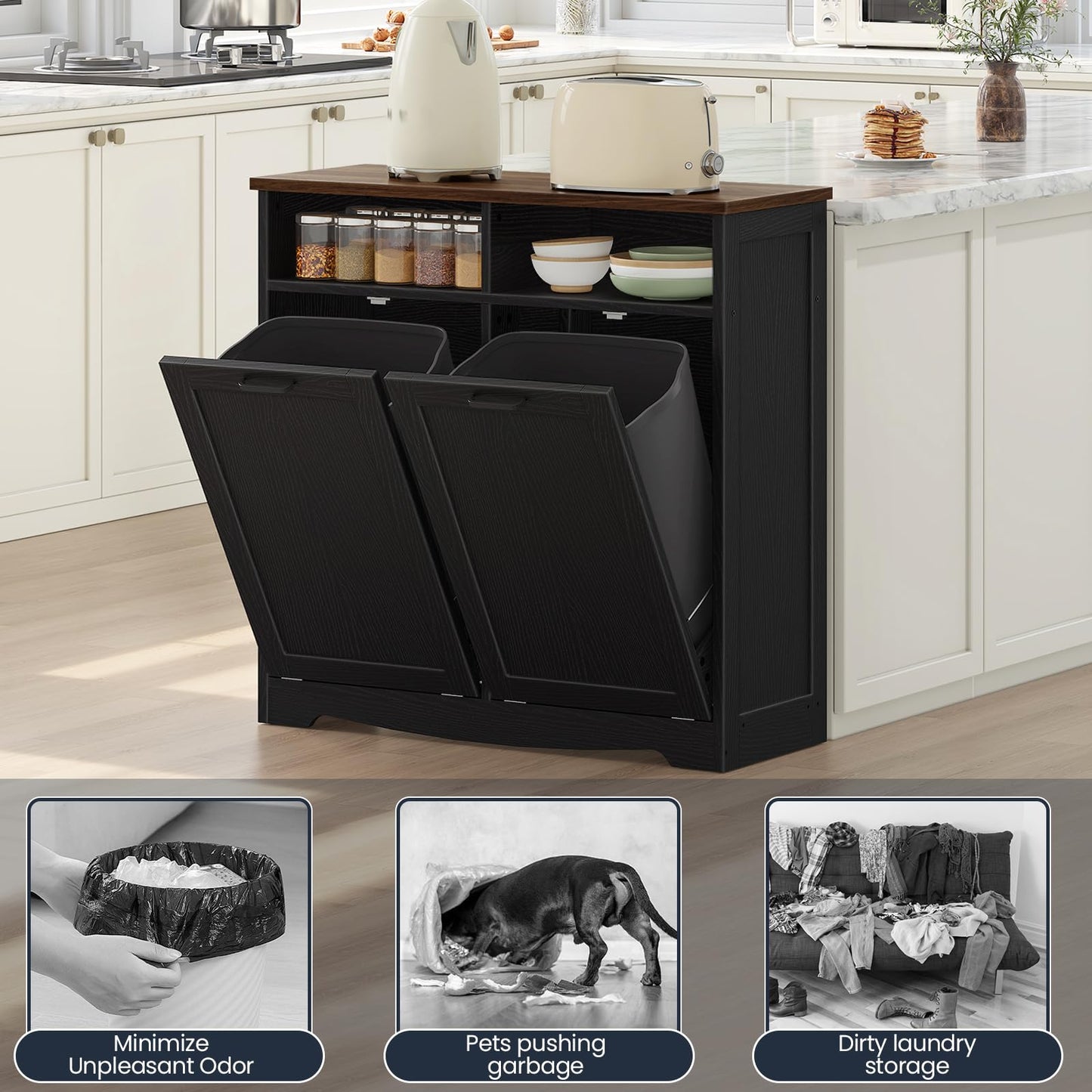 HOOBRO Double Tilt Out Trash Can Cabinet, 20 Gallon Kitchen Trash Bin Cabinet, Hidden Trash Storage with Open Compartments, Hidden Laundry Hamper, for Kitchen, Laundry, Black and Walnut BH04LJ01