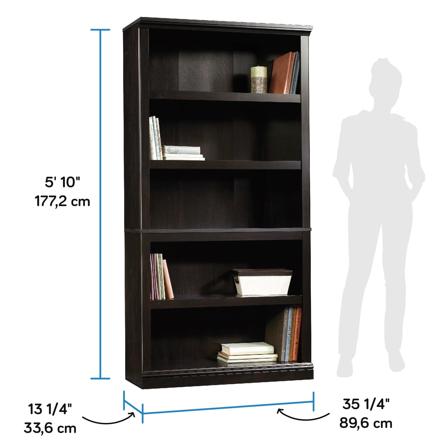 Sauder 5 Tier Book Shelf Wooden Bookcase Multipurpose Bookshelf for Home Office, Living Room, in Estate Black finish