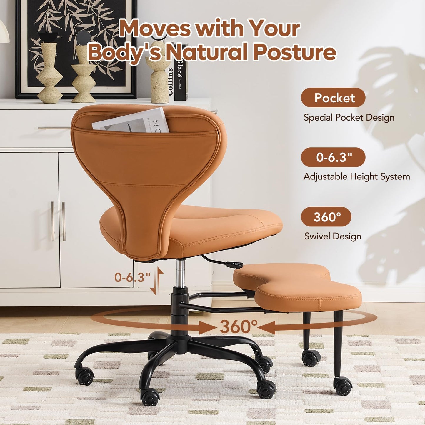YFO Ergonomic Cross Legged Office Chair and ADHD Meditation Chair with Silent Wheels for Home Office Desk Chair and Yoga, Wider Backrest Support and Storage Pockets Design, PU Leather, Orange