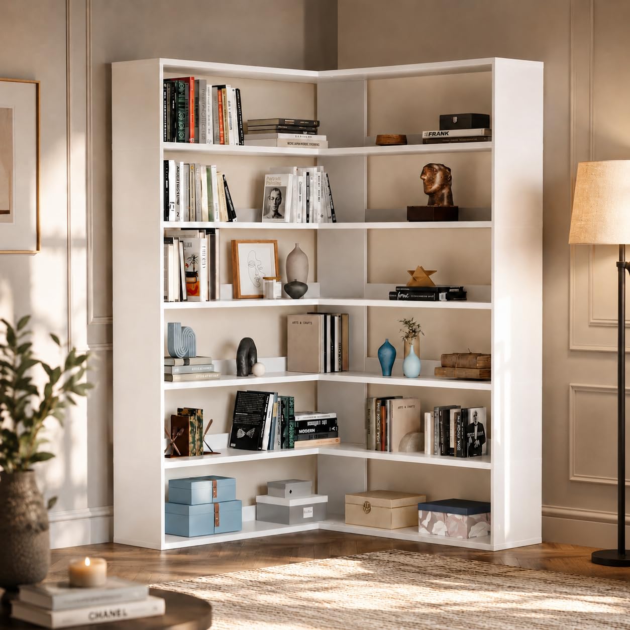 MXV 71.5" Tall L-Shaped Corner Bookshelf, 6-Tier 35.2" Wide Wooden Bookcase with Storage Organizer, Display Shelf for Home, Office, Living Room (35.2")